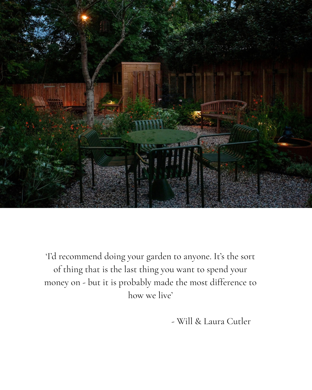 Catriona Rowbotham garden design - bespoke curved bench with poppies at dusk, garden lighting ideas