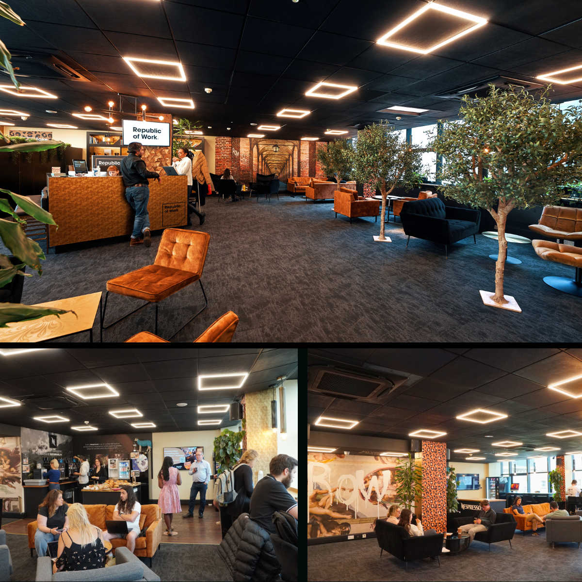 Modern lounge area with seating, greenery, and a reception desk in an office or co-working space.