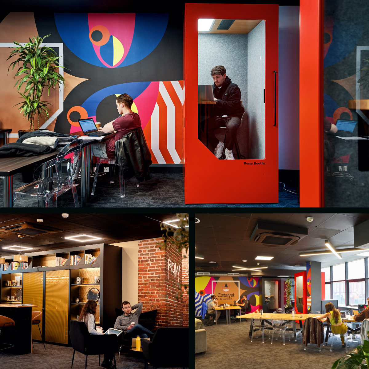 A collage of four images showing a modern, vibrant coworking space. The top image features two people working, one on a laptop at a table and the other inside a phone booth labeled 'Persy Booths.' The bottom left image shows two people sitting in a lounge area with bookshelves and brick walls. The bottom right image depicts a spacious, open area with tables and chairs, colorful walls with abstract artwork, and several people working or relaxing.