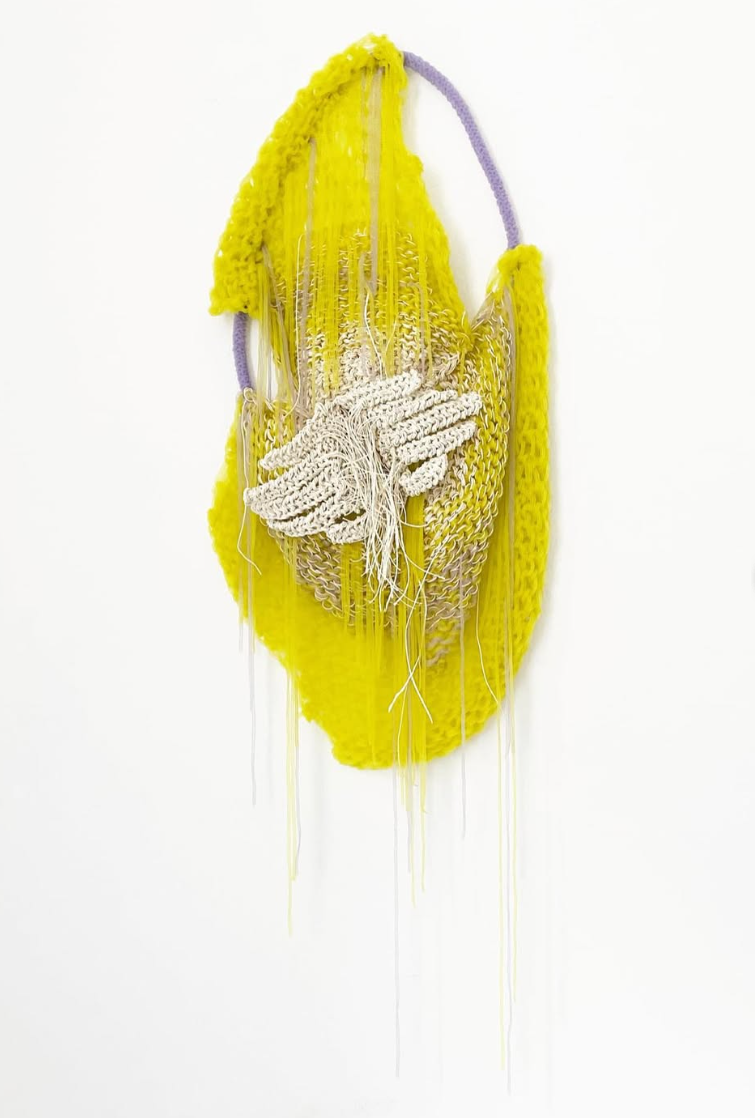 "Dusty flower hands", 2025. Yarn, iron. 112.5 × 35.5 × 11.5 cm