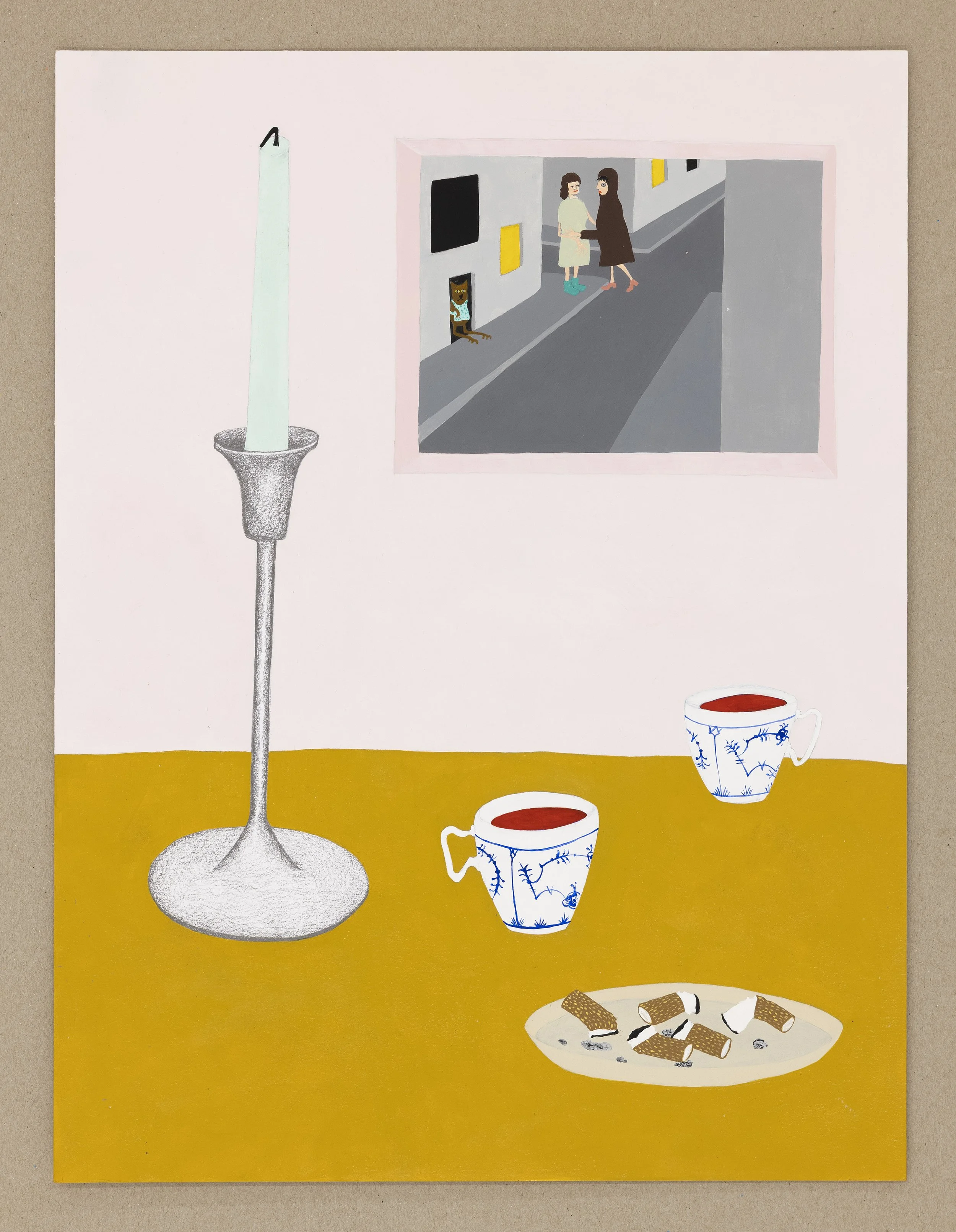 "We enjoyed some wine and ziggies, it was hard to end the evening and say goodbye so she walked out with me and up the street a bit", 2025. Acrylic on paper. 30 x 40 cm