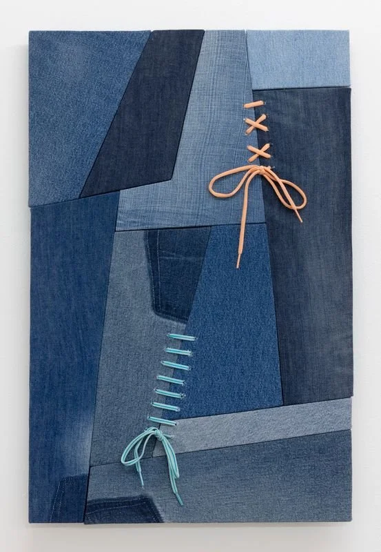 "All Talk And No Trousers", 2025. Secondhand jeans, shoelace. 70,5 x 46 cm