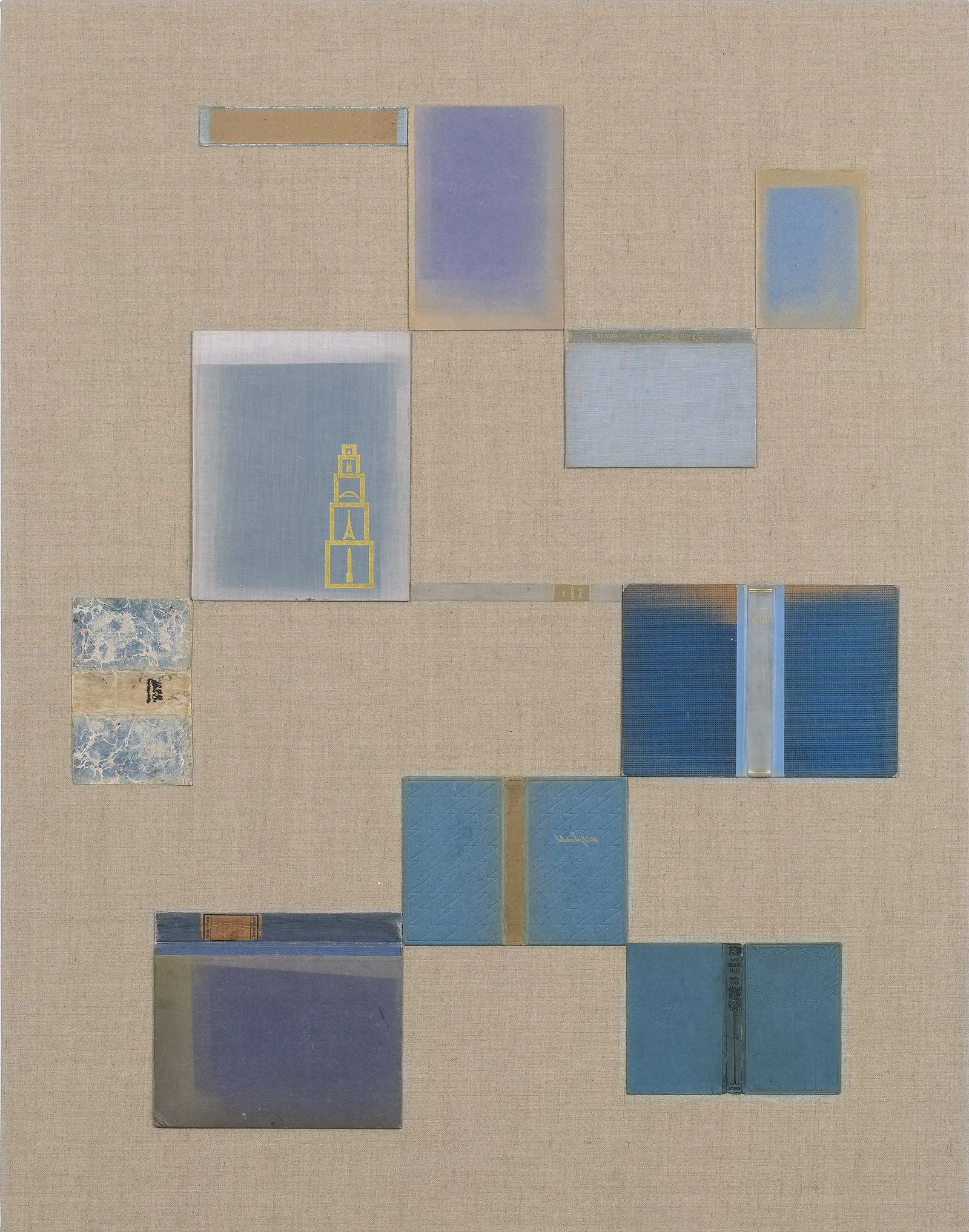 "Möten I Skymningen" (Meetings at Dusk), 2020.
Old book covers on canvas and mdf.
140 x 110 cm