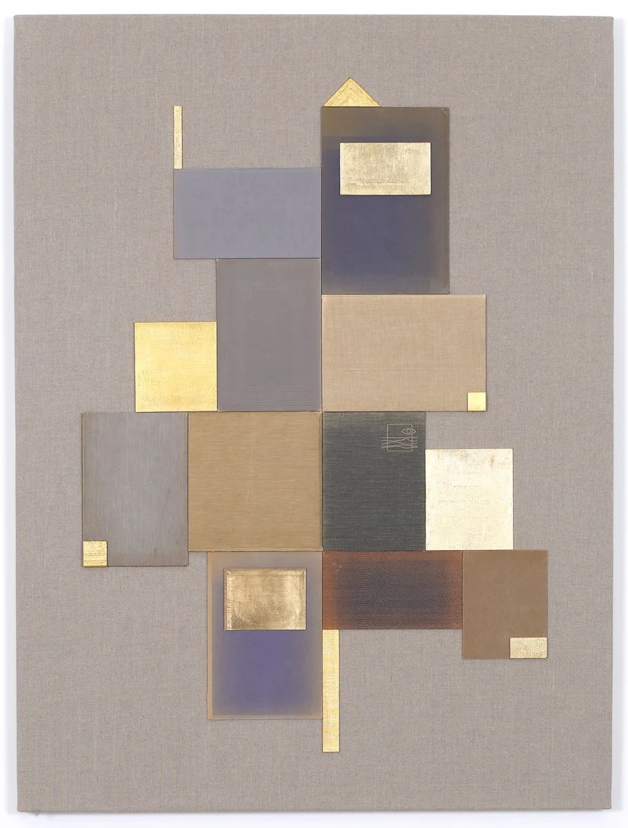 "Navigation", 2024. Book coverings on canvas, gold leaf. 120 x 90 cm