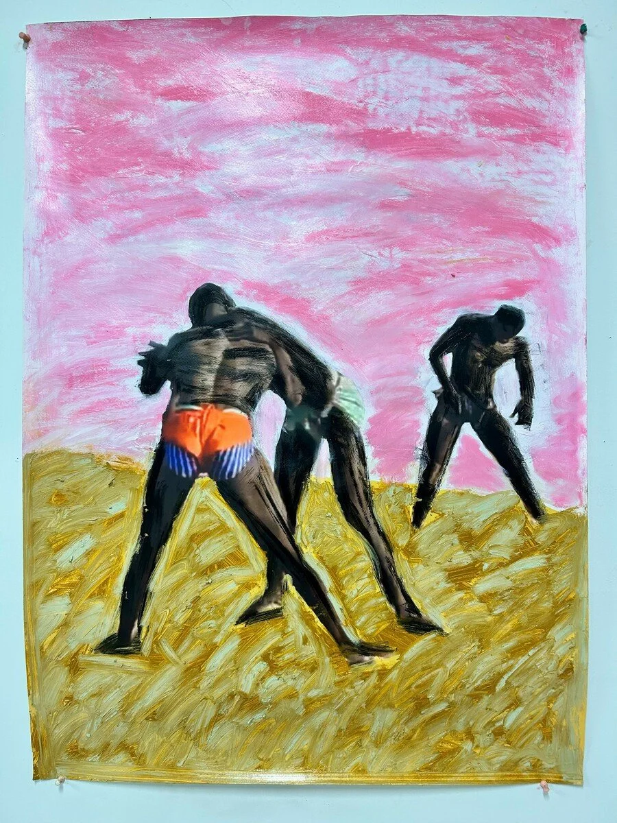 "Wrestlers", 2025. Acrylic paint and oil stick on archival print. 100.3 x 74 cm