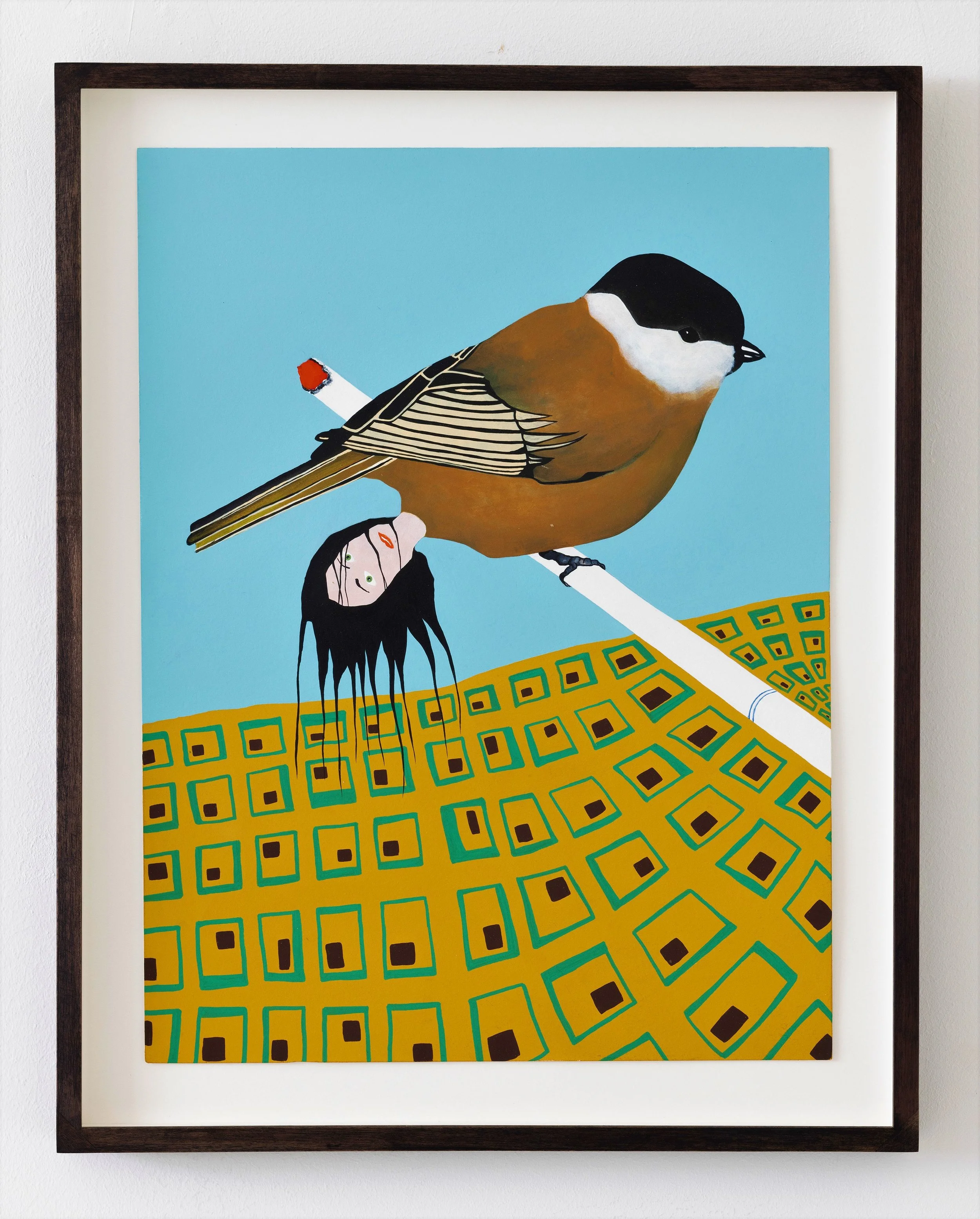 "Bird sits on cigarette and gives birth to a woman", 2024. Acrylic and flashe on paper. 40 x 30 cm