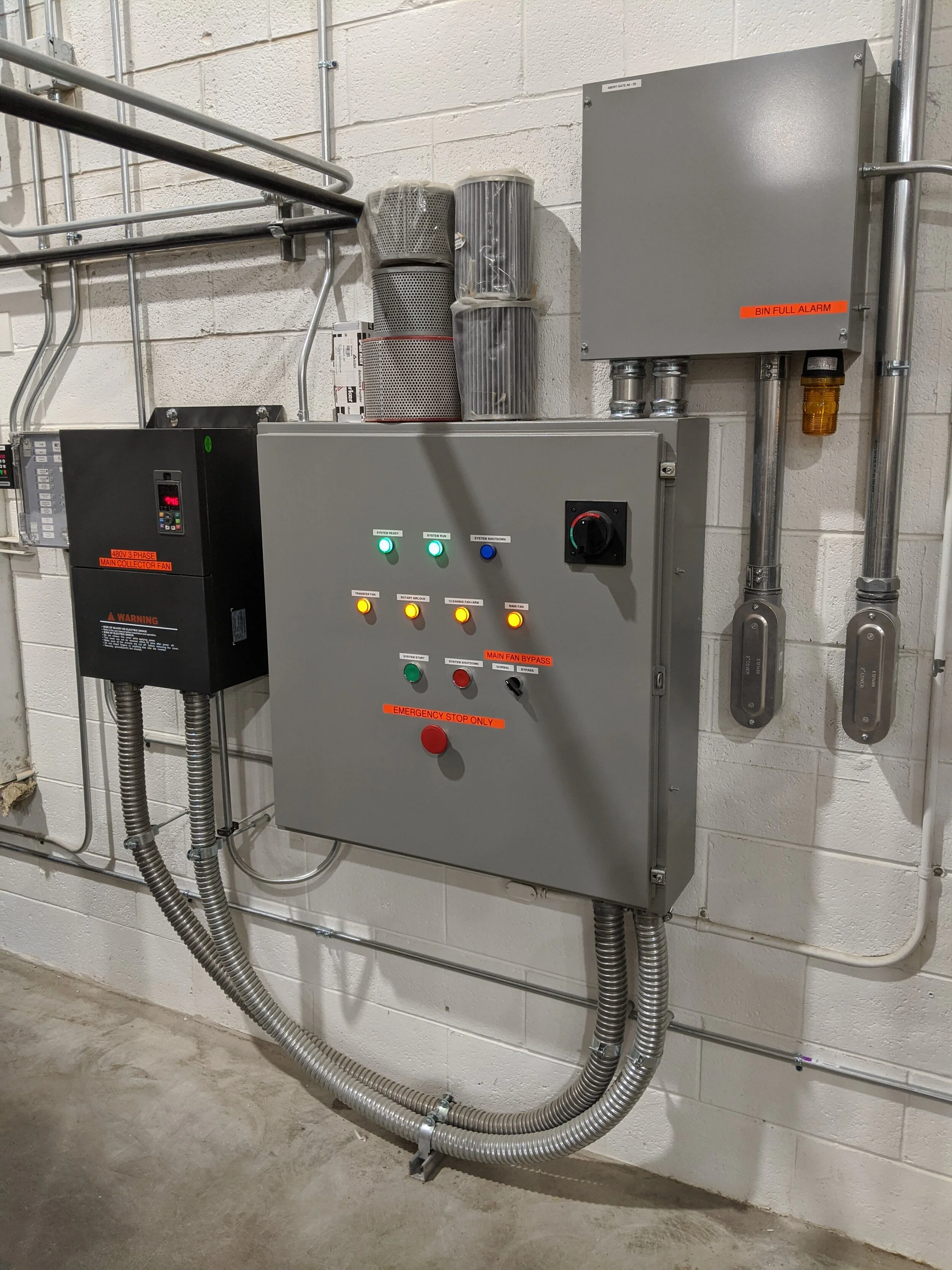 125HP dust collection control system, start-up, shut-down, VFD control, and alarms.