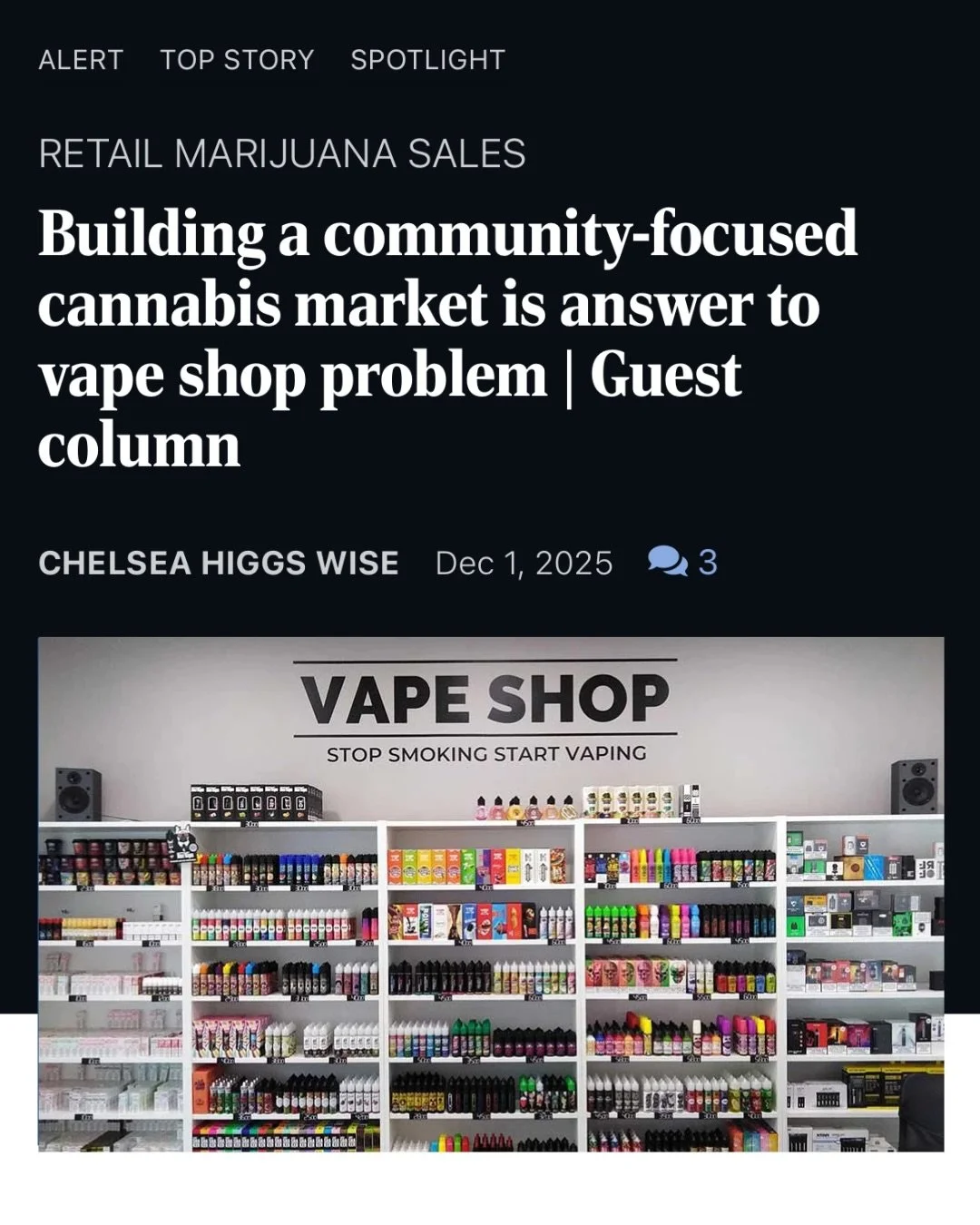 @chelseahiggswise new op-ed in the @rtdnews is out now: &ldquo;Building a Community-Focused Cannabis Market Is the Answer to a Vape Shop Problem.&rdquo;

Richmond residents are tired of seeing a vape shop on every corner and many assume legal dispens
