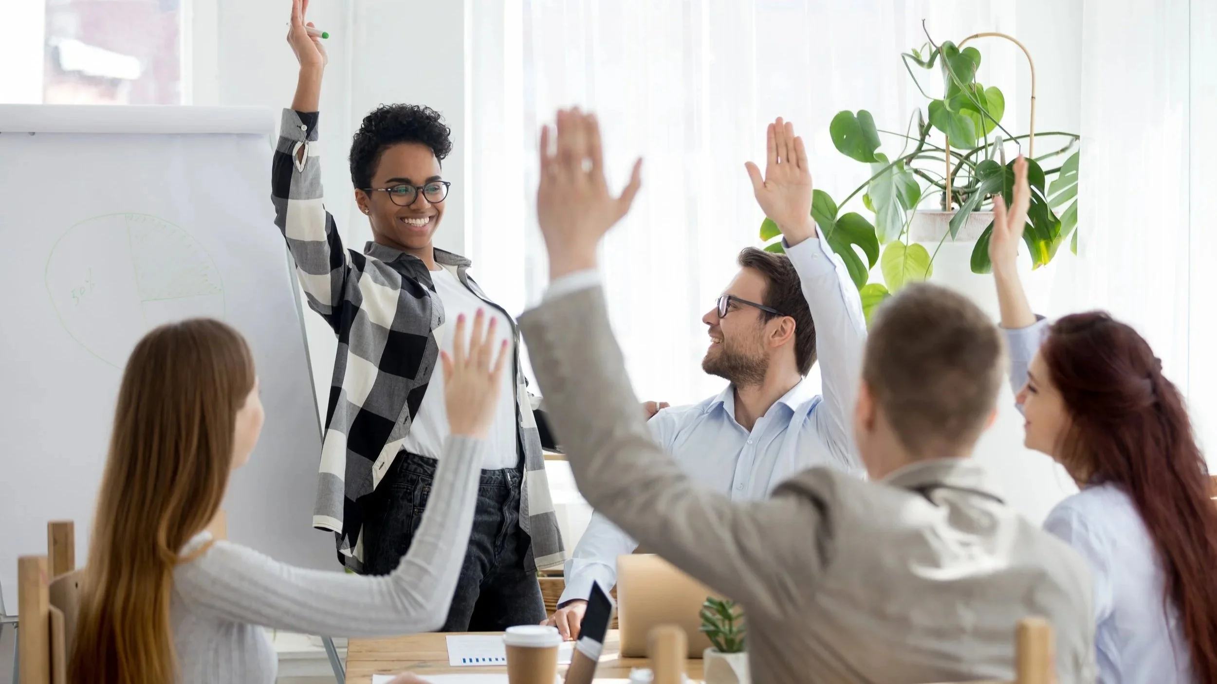 A diverse team of five people in a modern office raise their hands during a meeting, with one woman standing and smiling, while the others sit at a table with laptops and a cup of coffee.