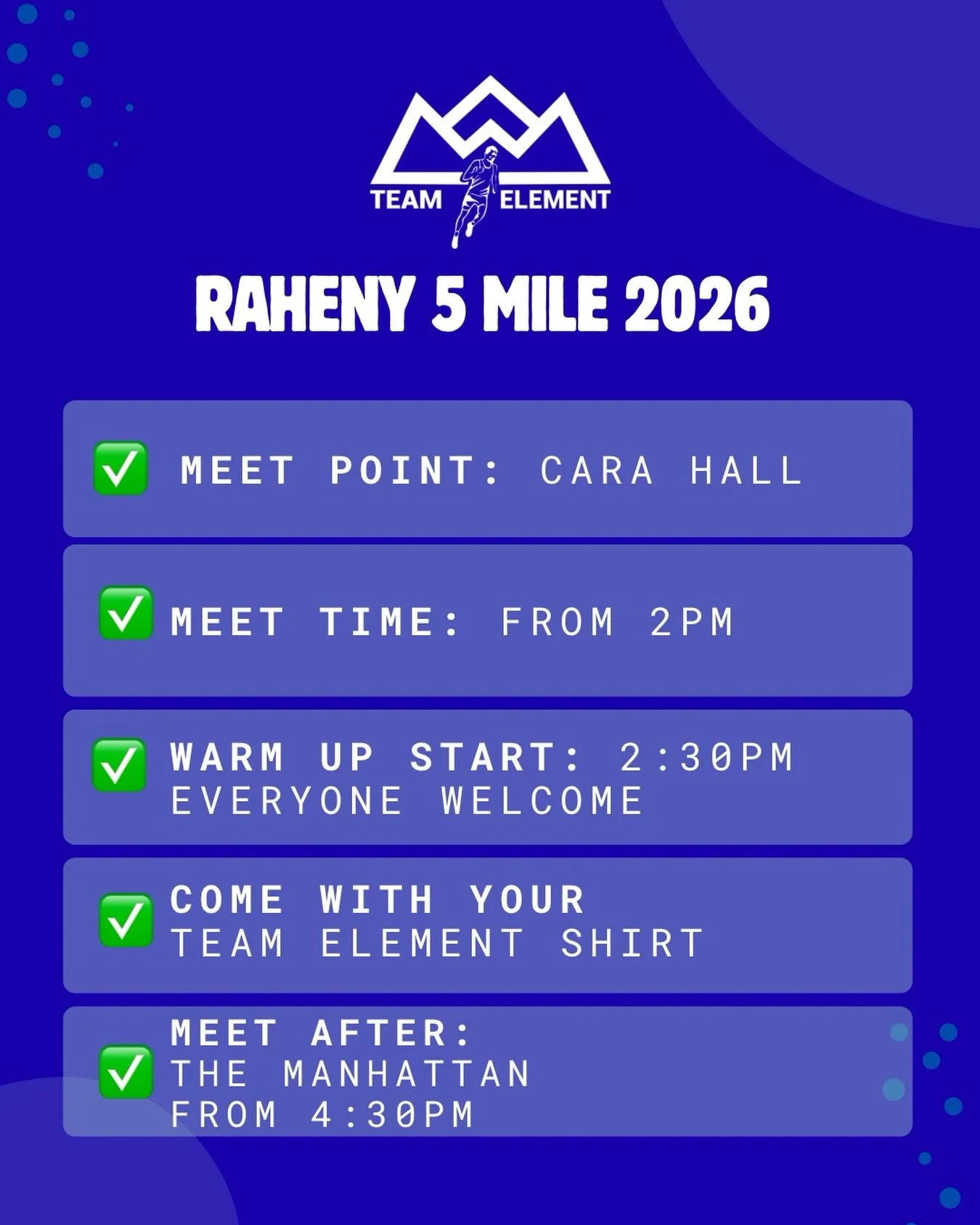 Raheny 5 Mile 2026

See you all tomorrow 🙌

#Raheny5Mile
#TeamElementRunClub
#ELEMENTHFP
