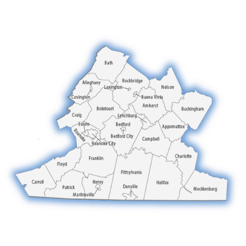 A map of Blue Eagle Credit Union's field of membership with a blue glow