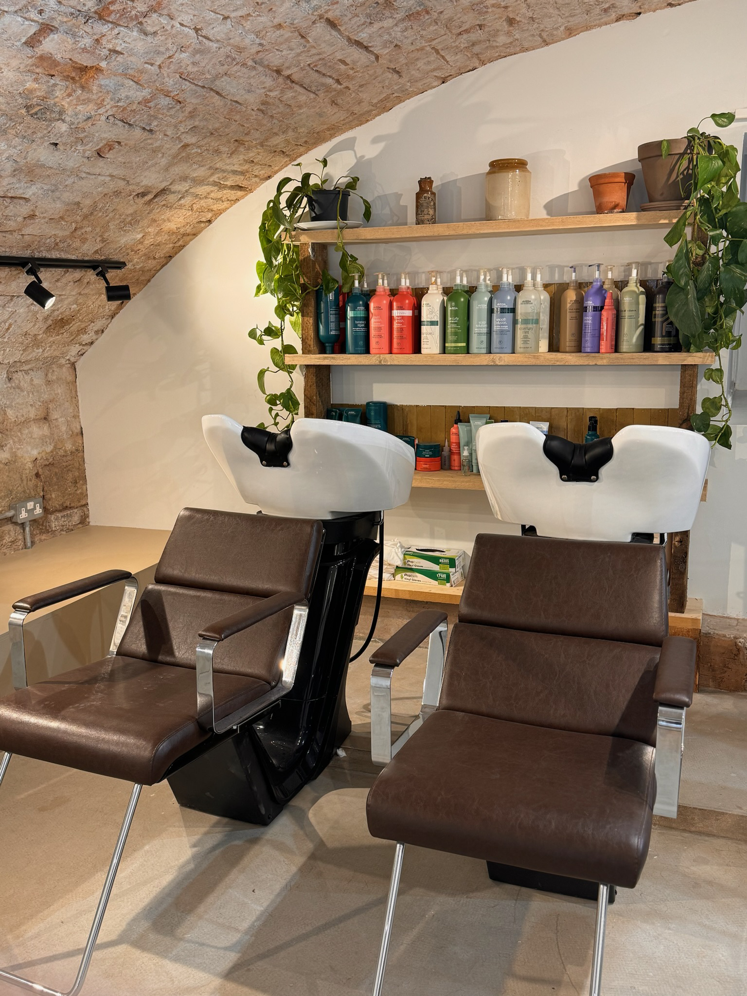 Inside a hair salon with two brown chairs facing hair washing stations with white basins. Behind the chairs, wooden shelves hold various hair products and potted plants. The ceiling has exposed brickwork.