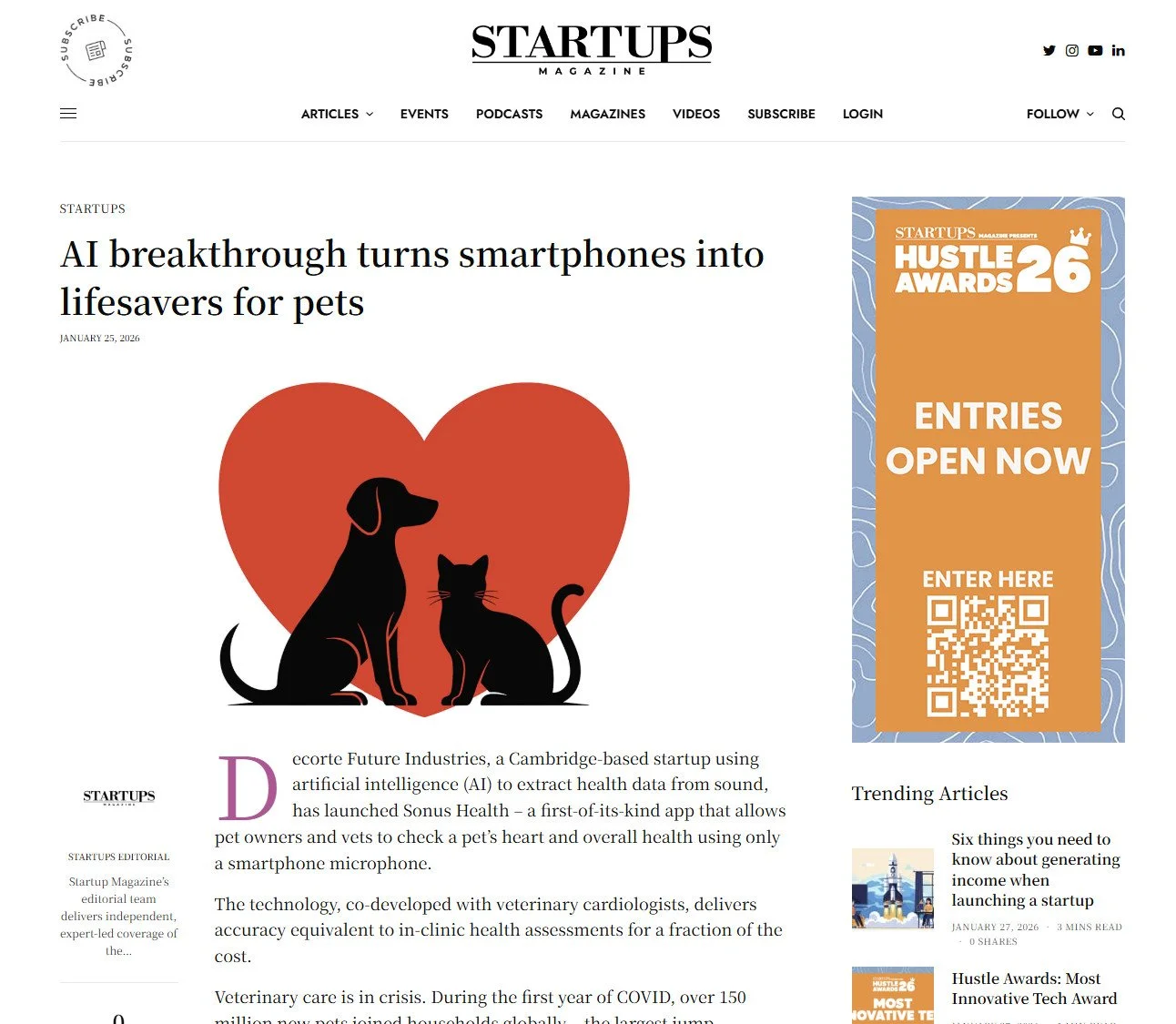 Launch of Sonus Health by Decorte Future Industries covered in Startups Magazine