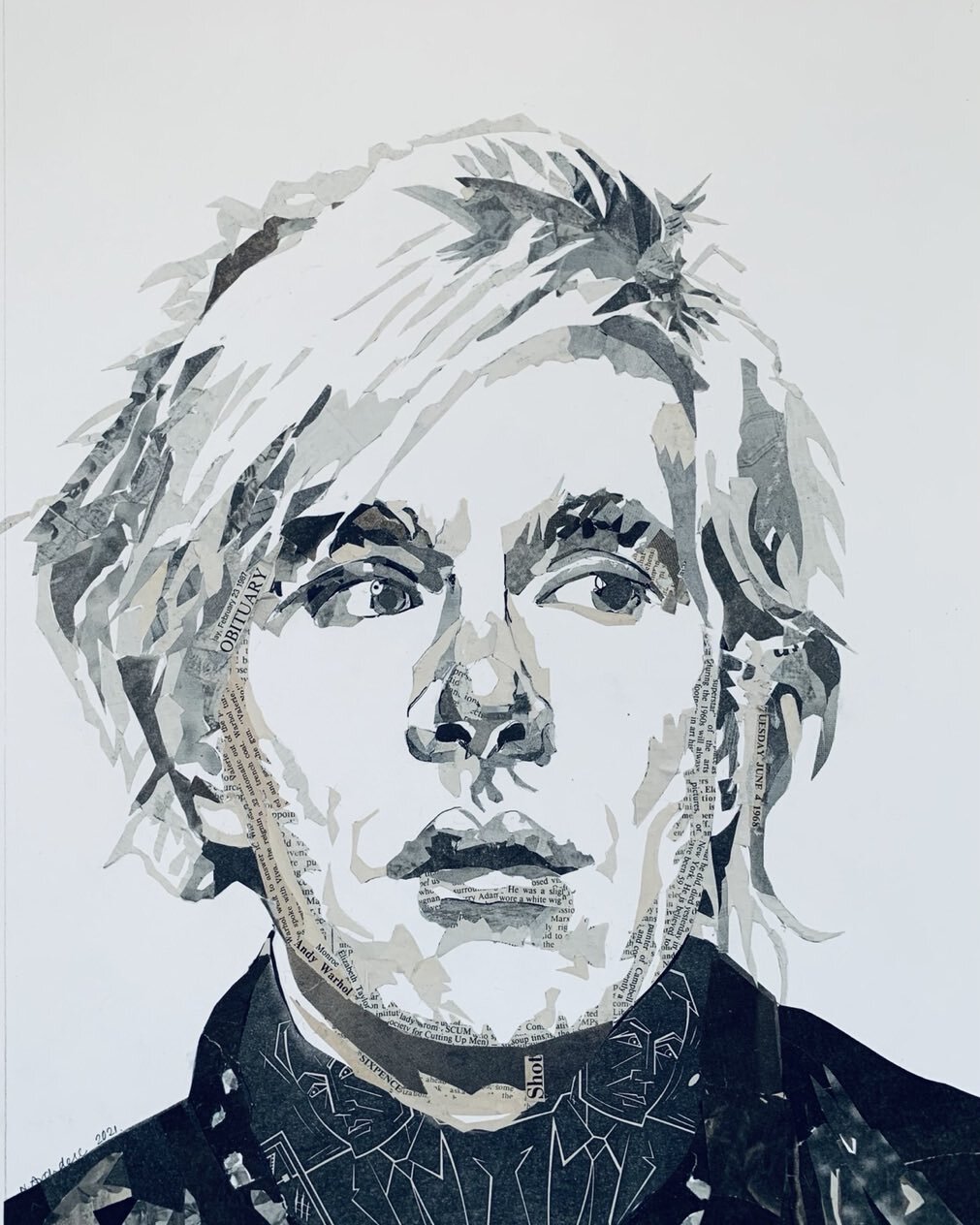 Andy Warhol 
Made entirely out of newspapers from the day he was shot on 3rd June 1968 and the day he died 22nd February 1987. The newspapers from 1968 kept disintegrating which made it challenging.

#andywarhol #portraitart #mixedmediacollage #mixed