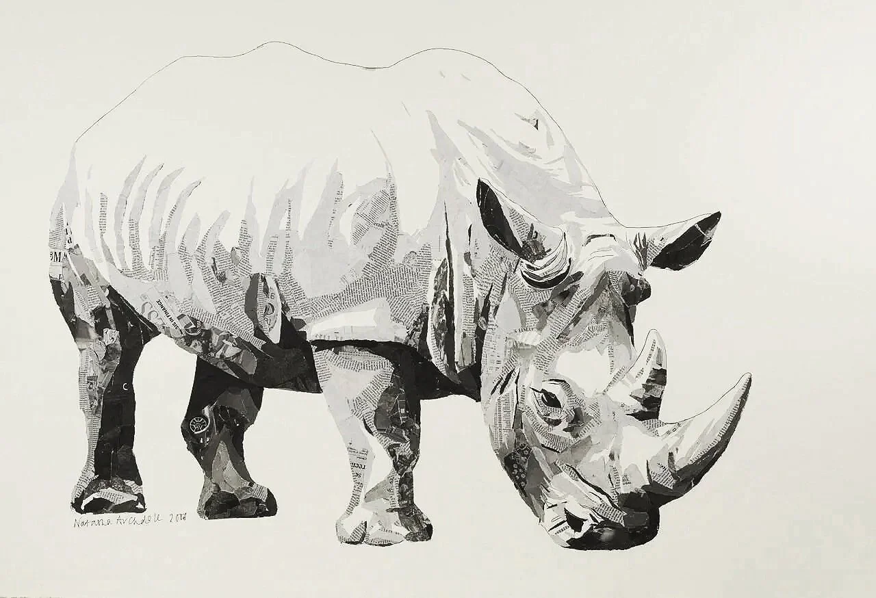 Artwork of a rhinoceros created with collage of newspaper and magazine cutouts in black, white, and gray tones.