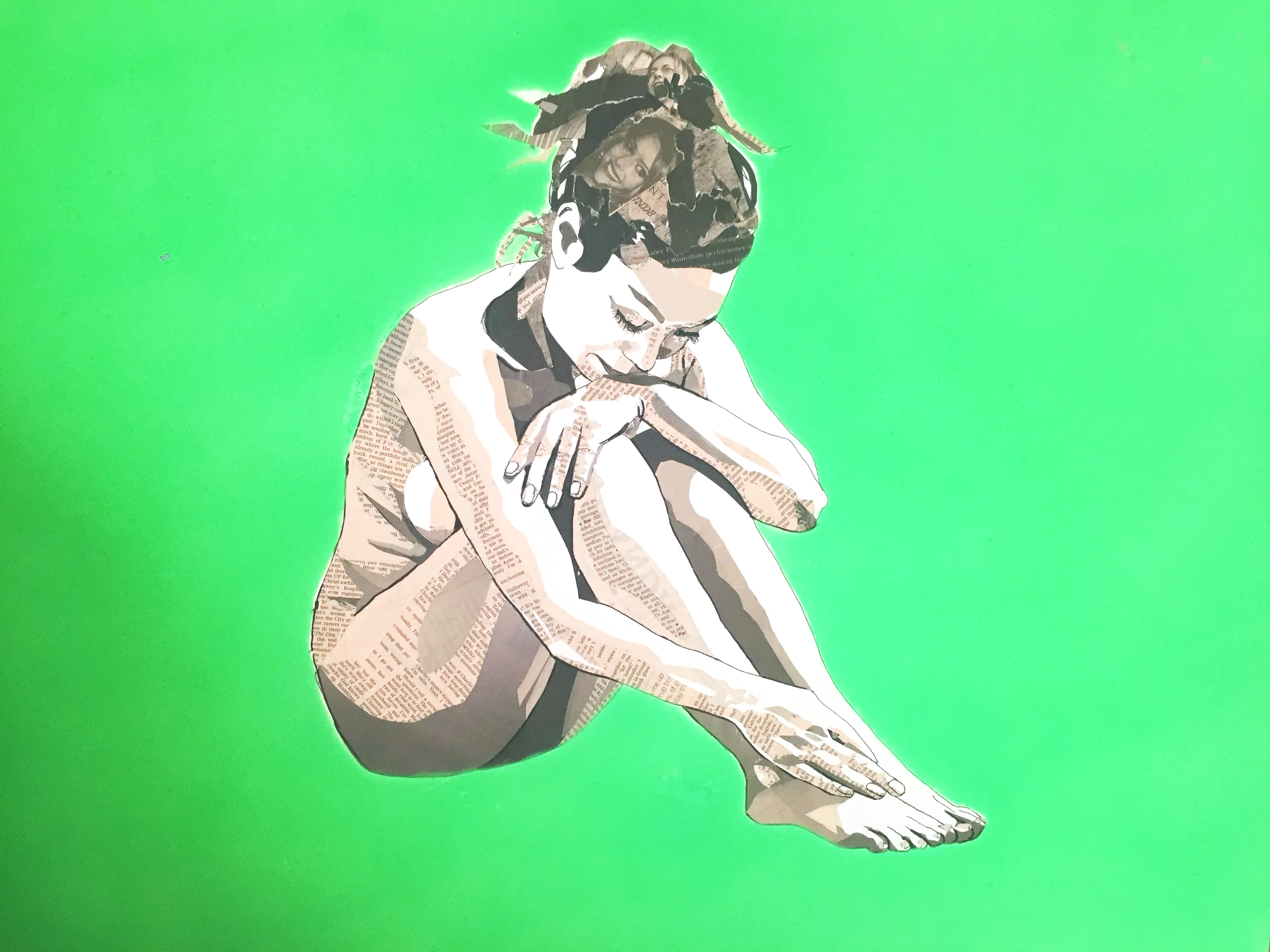 Digital collage of a woman sitting cross-legged, with her chin resting on her hand, against a bright green background. The collage is made from newspaper and magazine clippings, creating a stylized, cutout effect.