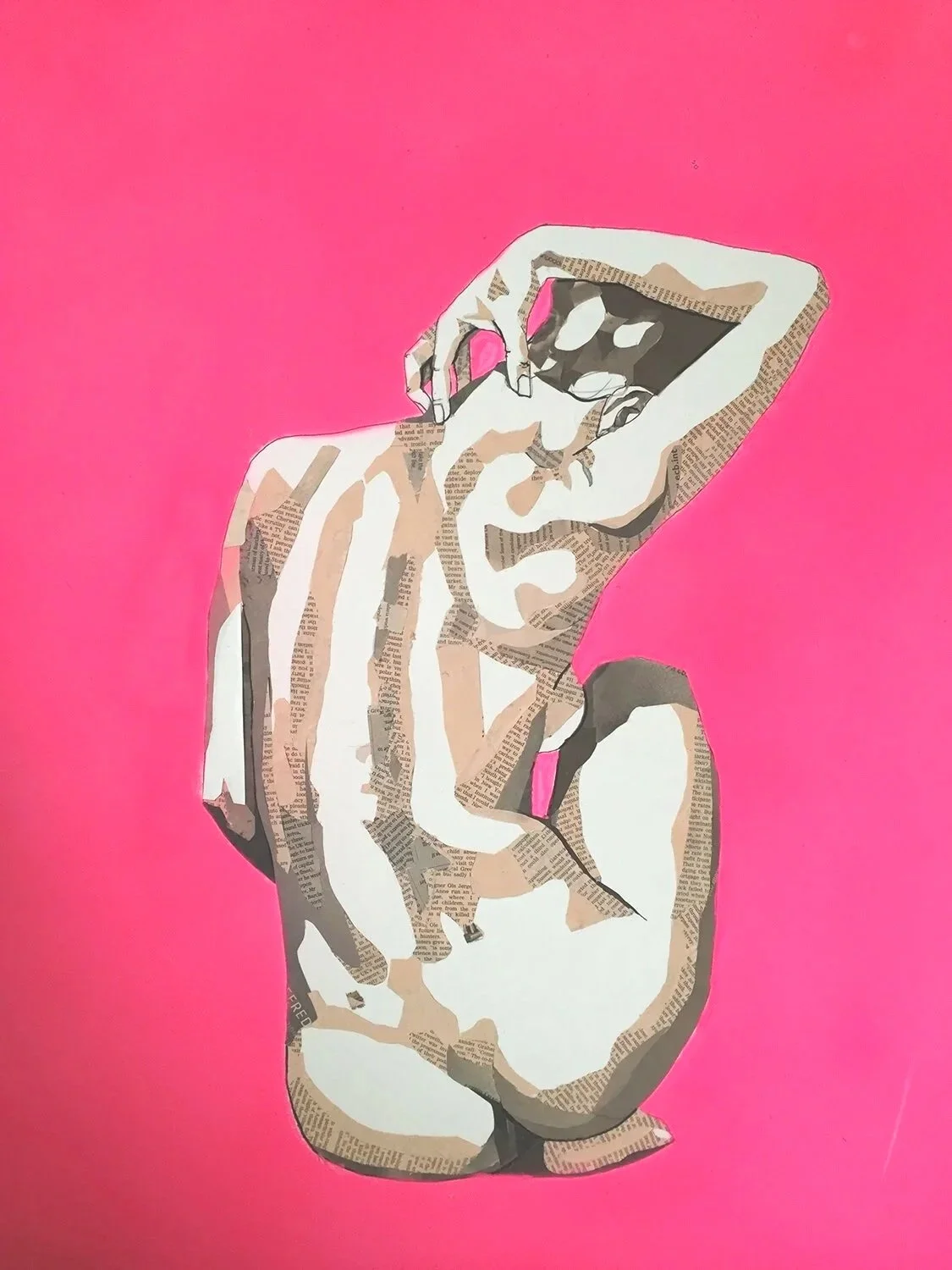 Street art of a woman with curly hair, using magazine pages, on a pink background.