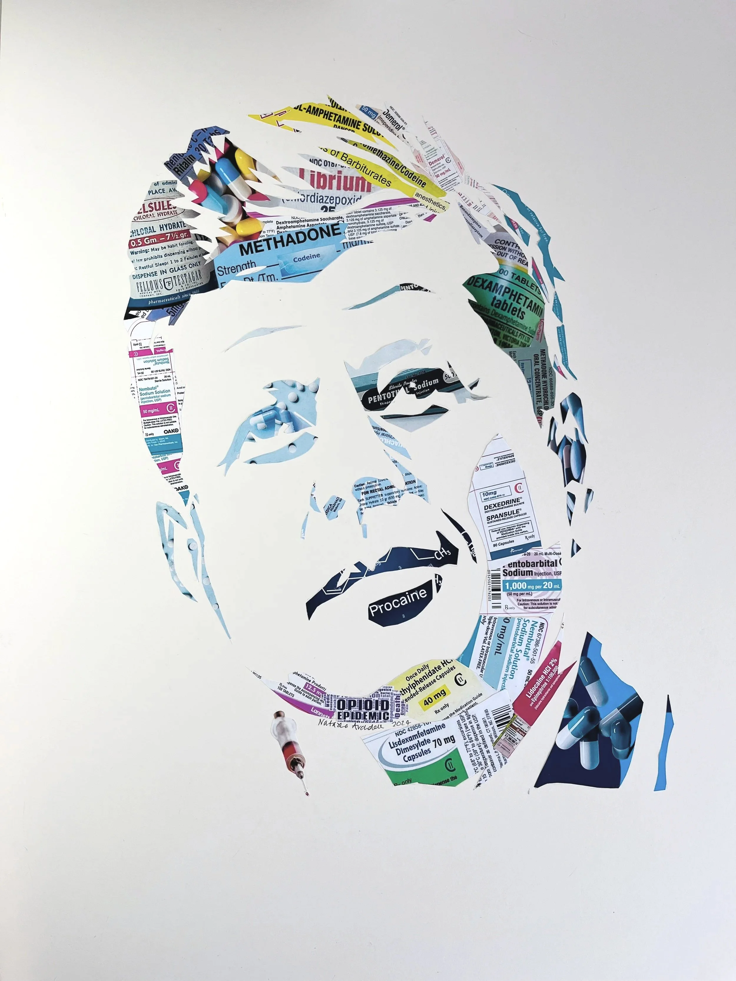 Collage label art using pharmaceutical medication packaging and pills by Natasha Archdale