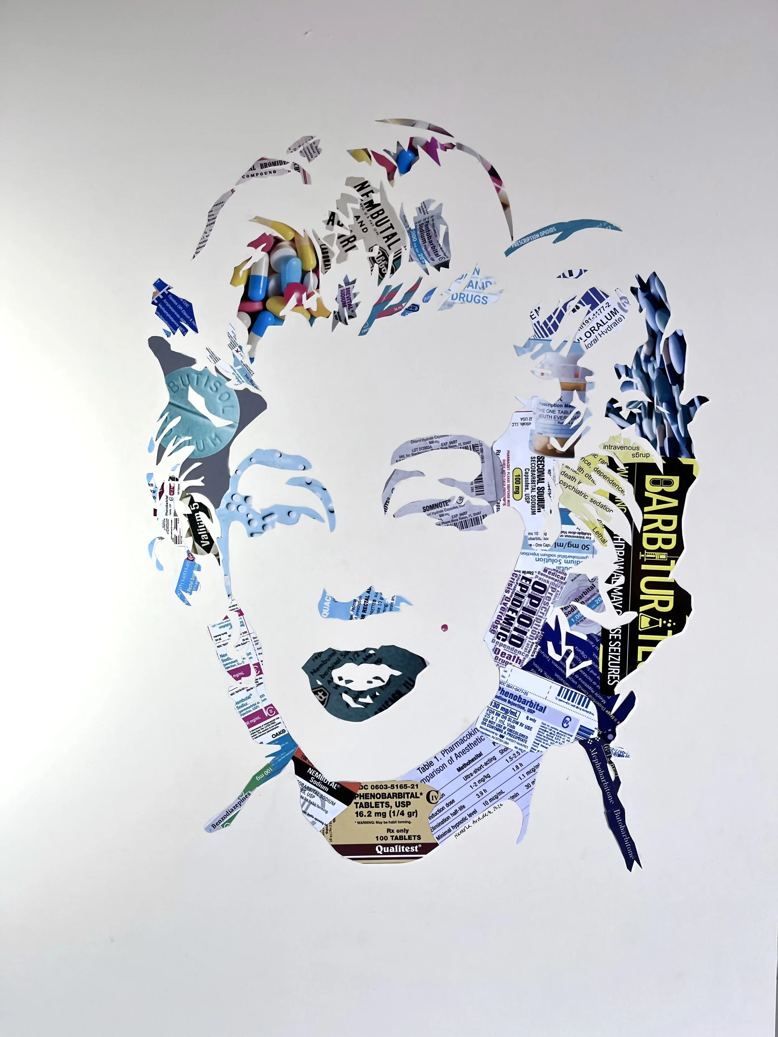Collage art of Marilyn Monroe's face created with pieces of pharmaceutical packaging and medication labels by Natasha Archdale