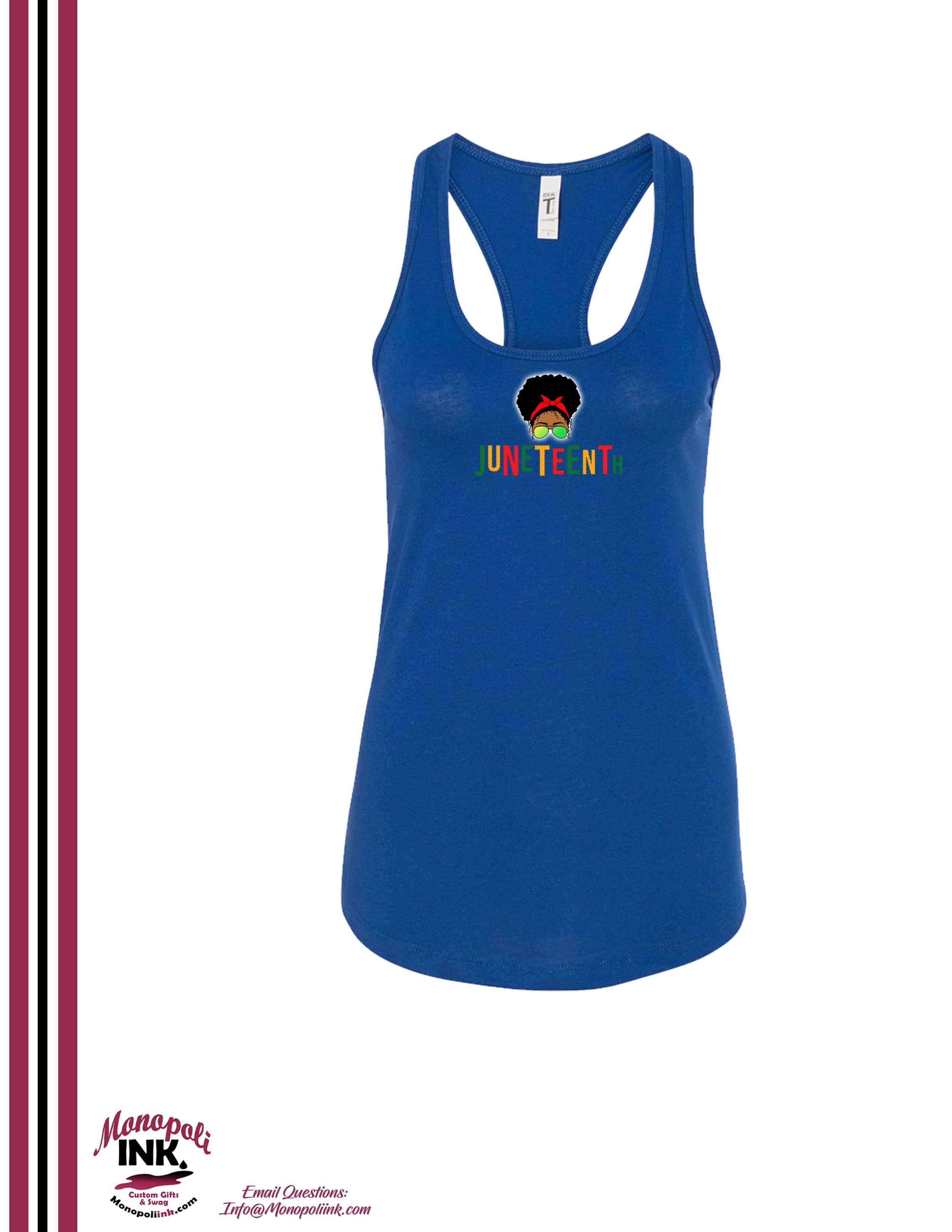 Juneteenth Text Lady Racerback Royal.jpg