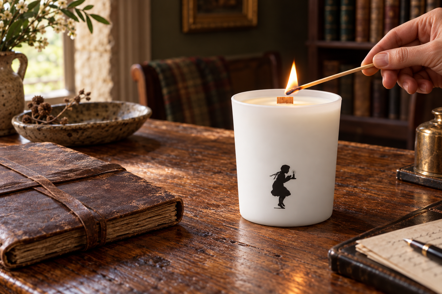 Lighting a wood wick candle in a quiet study
