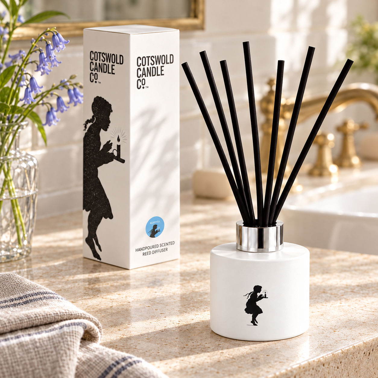 Bluebell reed diffuser styled in a room