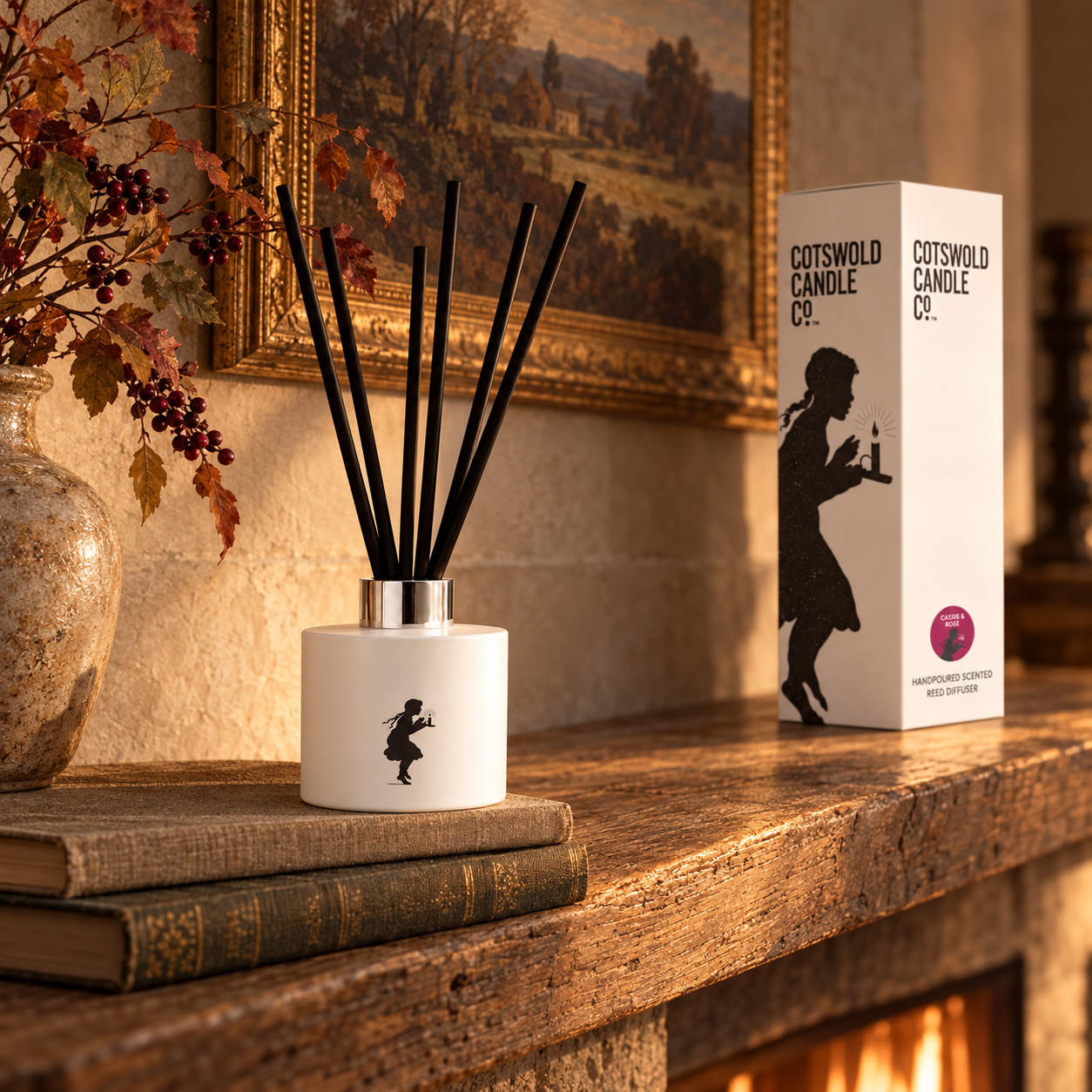 Cassis & Rose reed diffuser styled in a room