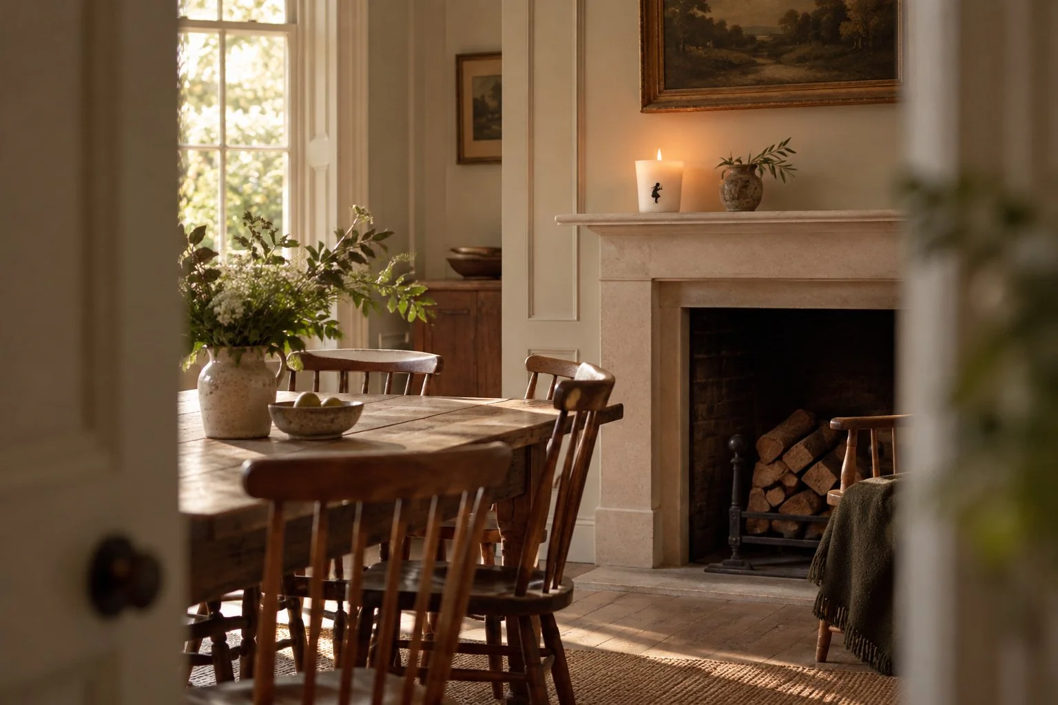 A quiet dining room with a stone fireplace