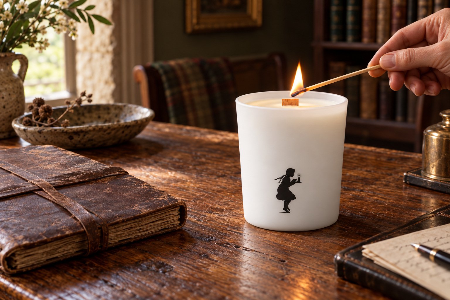 Lighting a wood wick candle in a quiet study