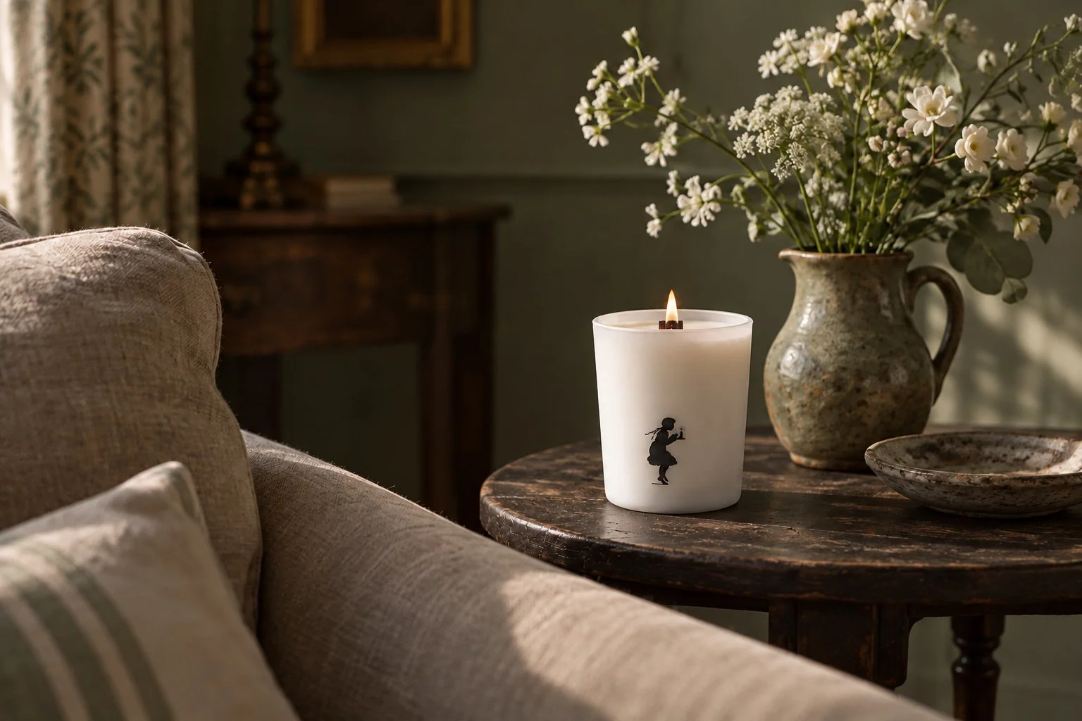 Candlelight and meadow flowers in a country sitting room