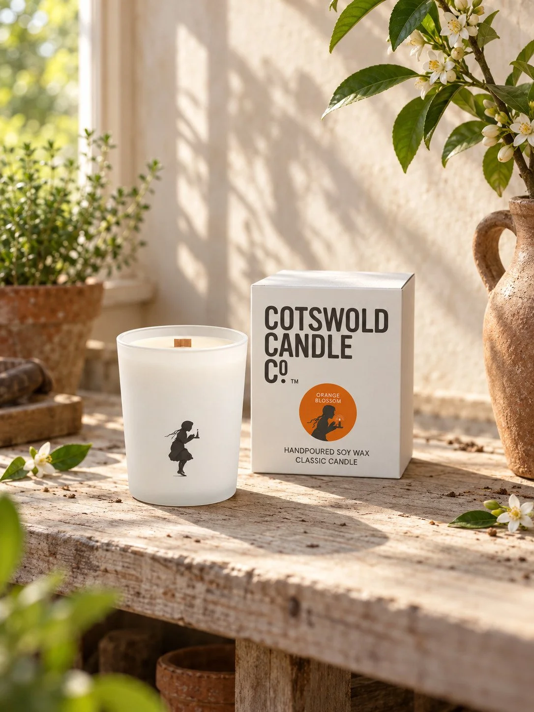 Orange Blossom wood wick candle and matching box by Cotswold Candle Co., styled in a home interior with natural light.