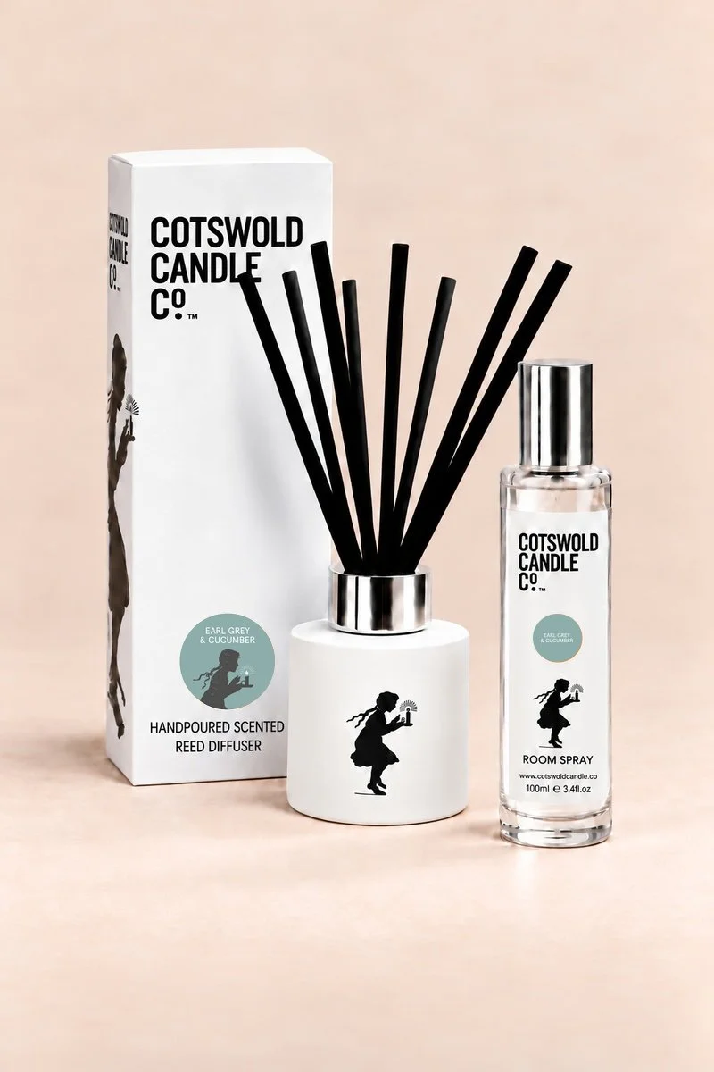 Cotswold Candle Co. Earl Grey & Cucumber Duo, matching reed diffuser and 100ml room spray