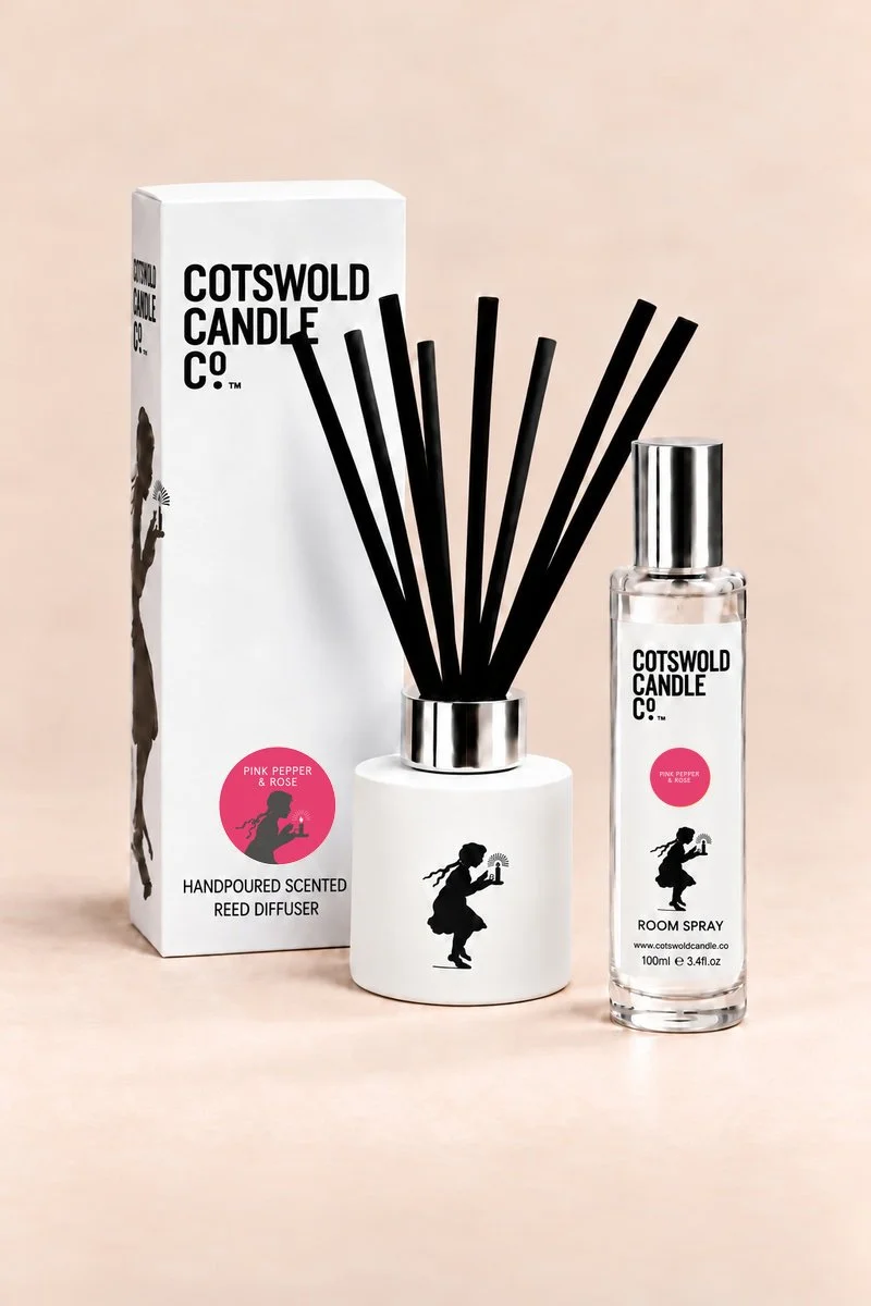 Cotswold Candle Co. Pink Pepper & Rose Duo, matching reed diffuser and 100ml room spray