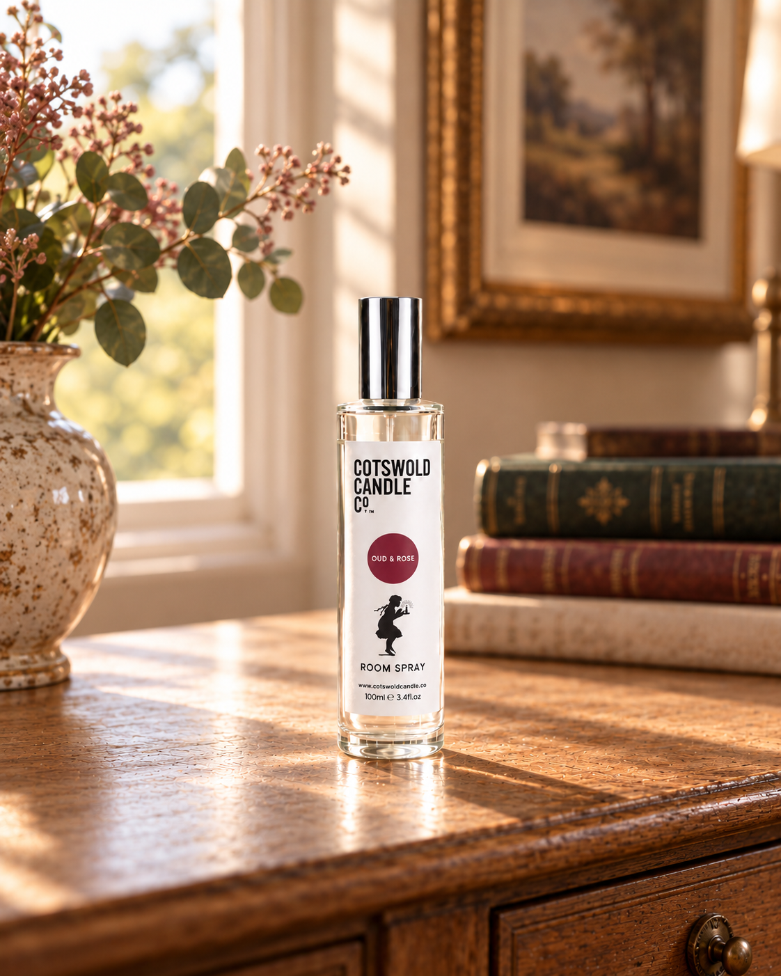 Oud & Rose room spray by Cotswold Candle Co. on a sunlit wooden table beside books and a vase, with a burgundy fragrance circle and girl logo.