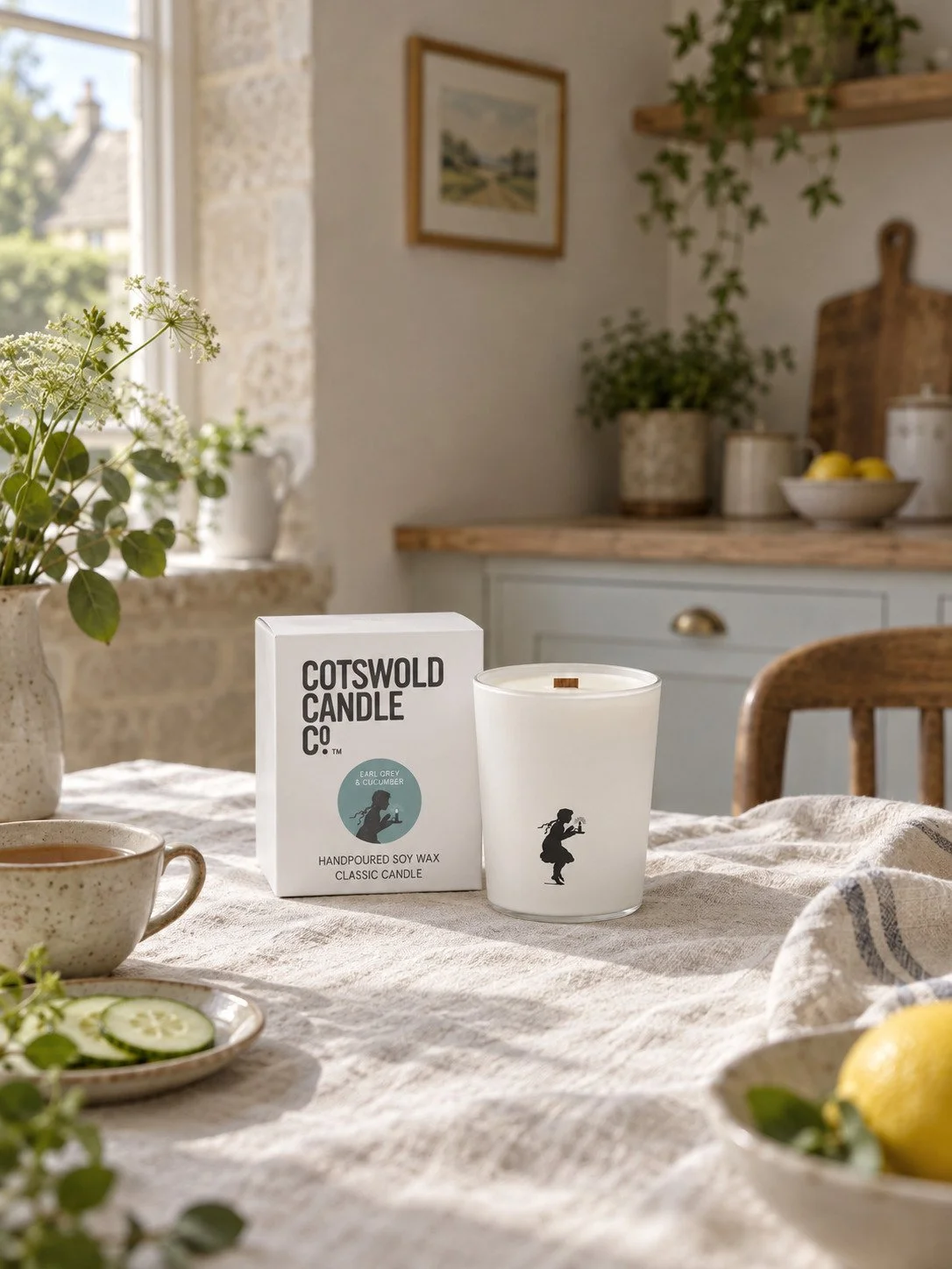 Earl Grey & Cucumber wood wick candle and matching box by Cotswold Candle Co., styled in a home interior with natural light.