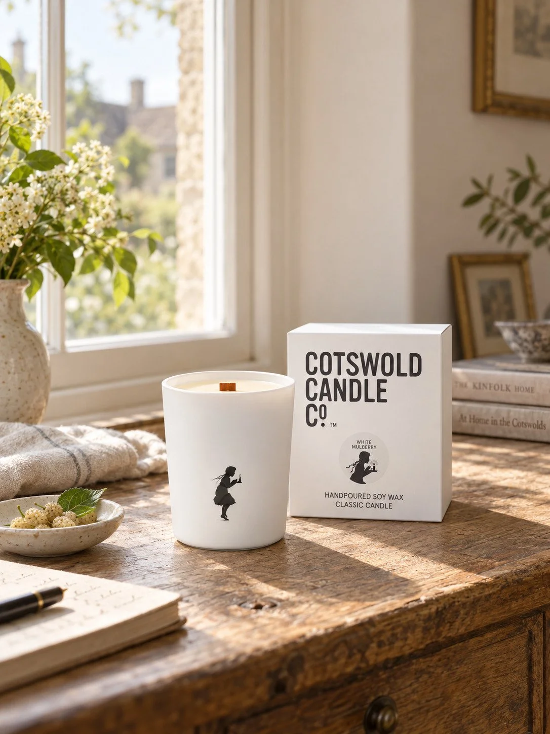 White Mulberry wood wick candle and matching box by Cotswold Candle Co., styled in a home interior with natural light.