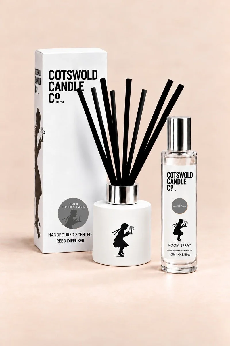 Cotswold Candle Co. Black Pepper & Amber Duo, matching reed diffuser and 100ml room spray