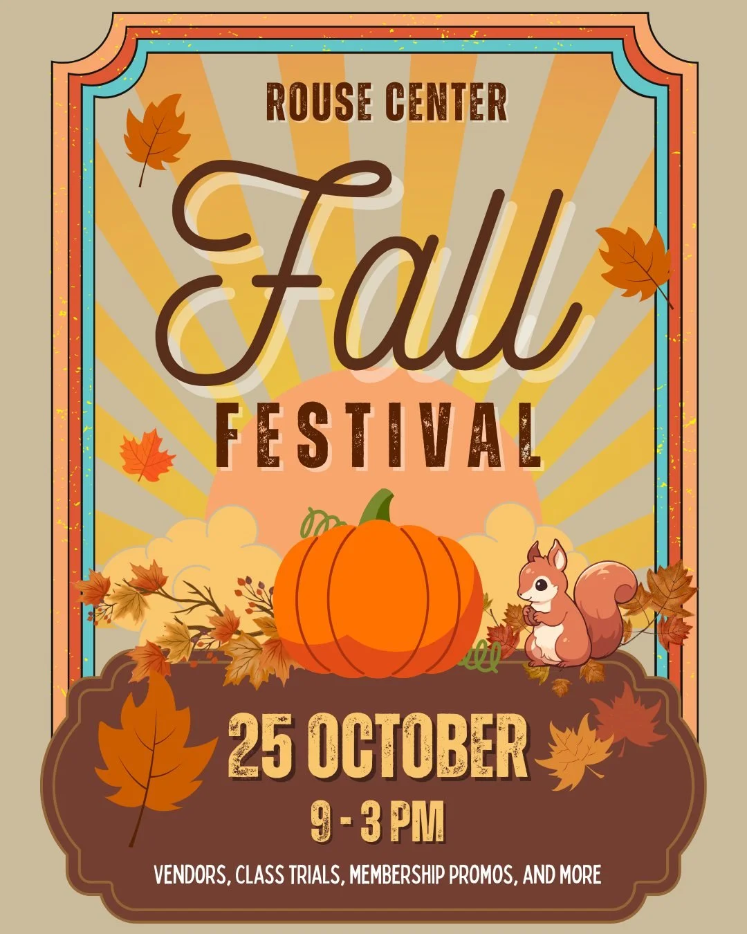 Join us for our Fall Festival on October 25 from 9 AM to 3 PM! 🎉 Open to all, members and non-members alike&mdash;no entry fee! Enjoy community games, giveaways, vendors, trial memberships, and more! 🍂💖