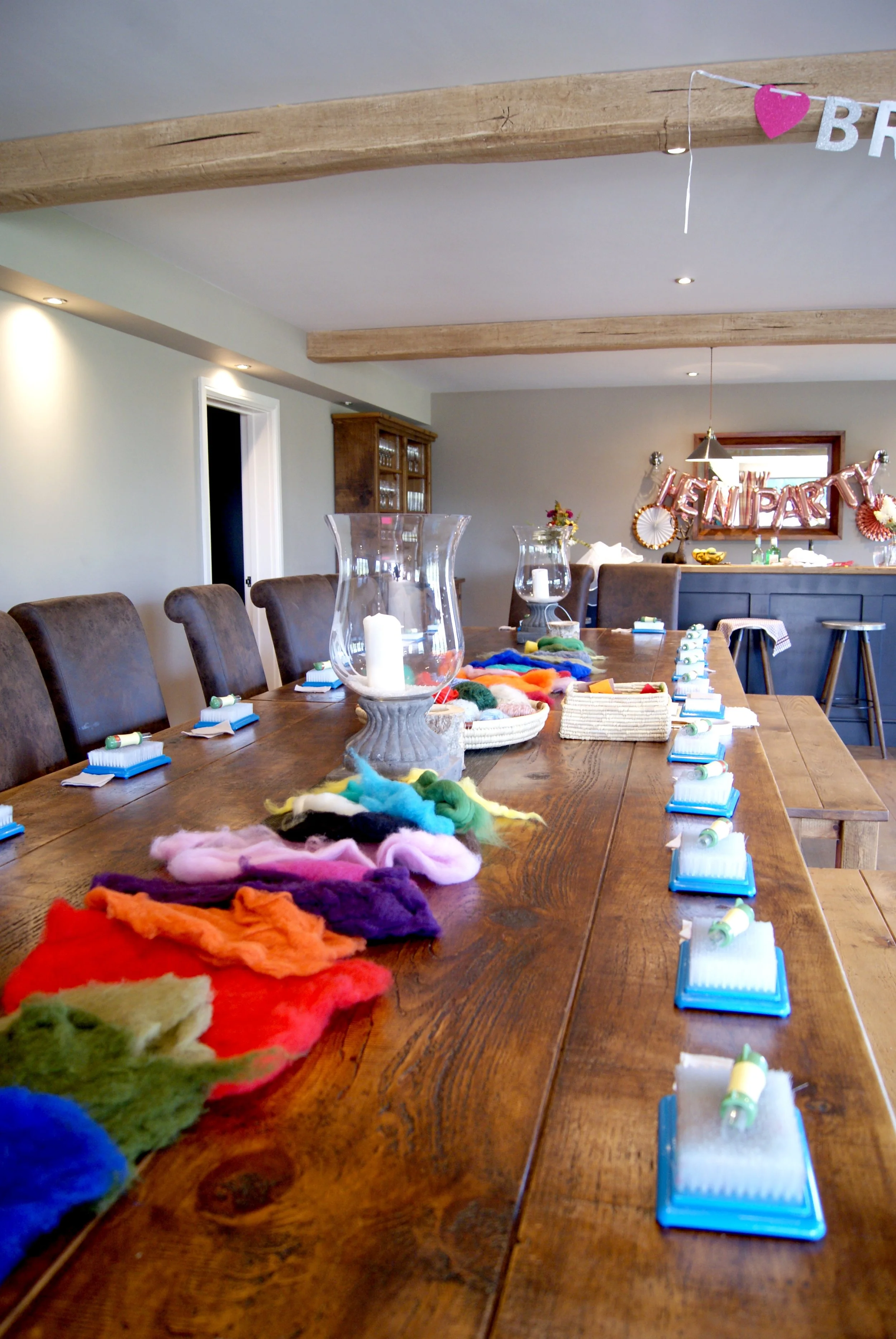 Needle felting set up - out of studio - Hen party