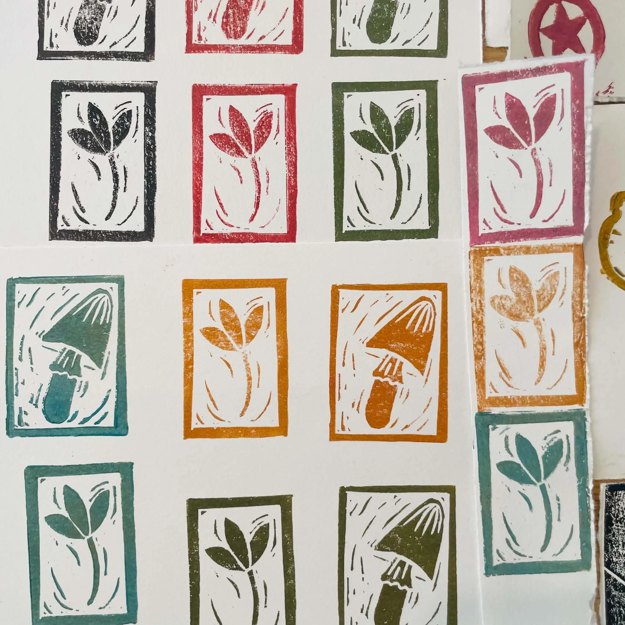 Children's linocut - stamps, afterschool