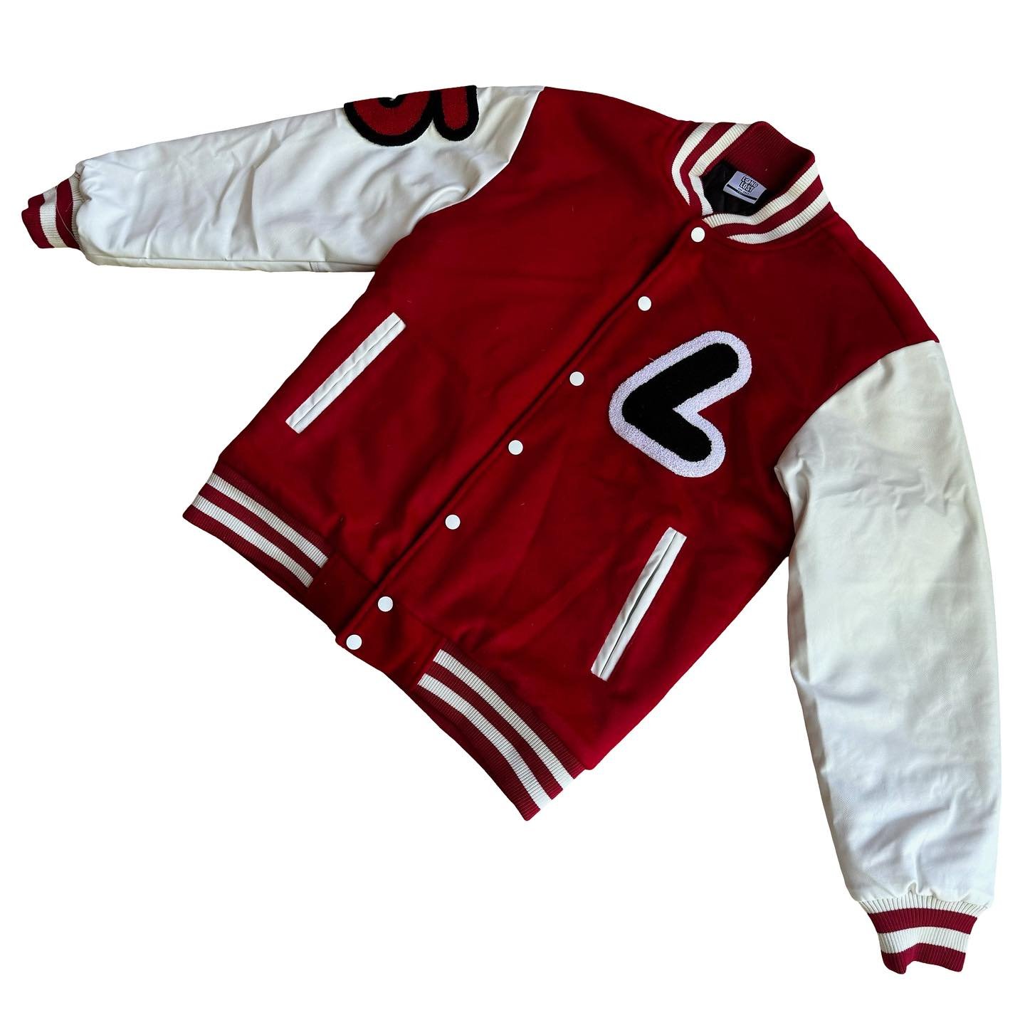 Fully custom varsity jackets for @longlostnft 
- 100% wool red body
- Genuine leather sleeves
- Ribbed knit waist and sleeve cuffs
- Sewn in chenille appliqu&eacute;
- Quilted inside body
- Leather rimmed pockets

#cutandsewn #manufacturing #screenpr