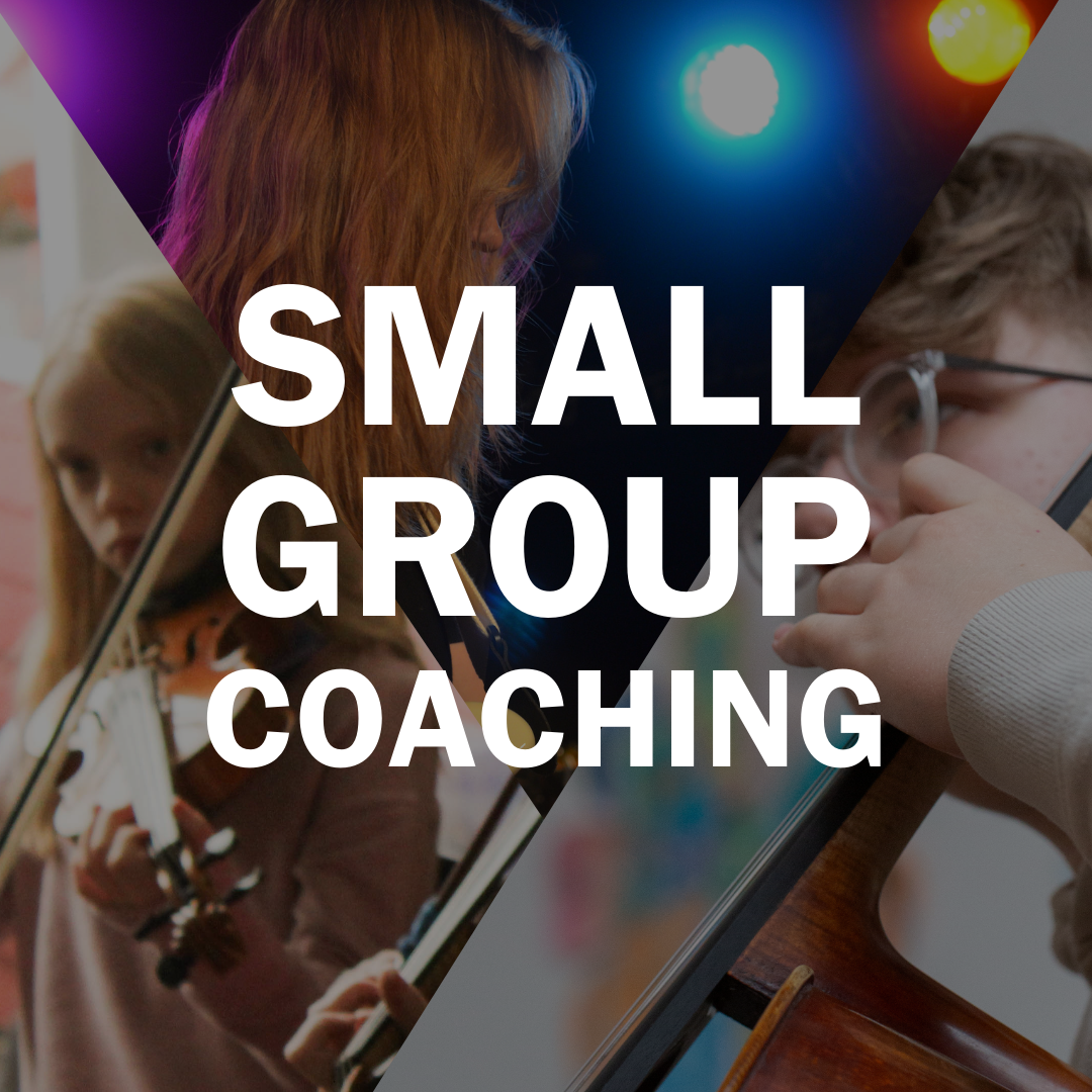 A mashup showing one child playing violin, one playing a cello, and another adjusting a bass guitar, with colorful lights in the background.