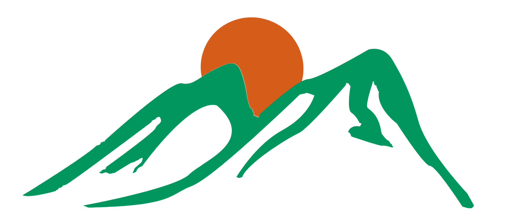 Outline drawing of mountain peaks with a red sun rising or setting behind them.