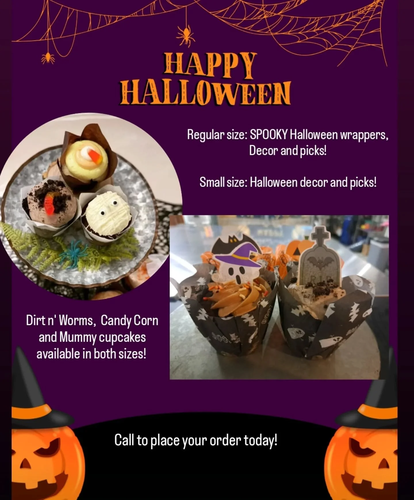 It's getting spoooooky around here!! Order your Halloween cupcakes for school, work, or just for fun!! 

We will have fun festive wrappers for Regular size cupcakes and plenty of festive decor and  Halloween picks for smalls and regular sizes, includ