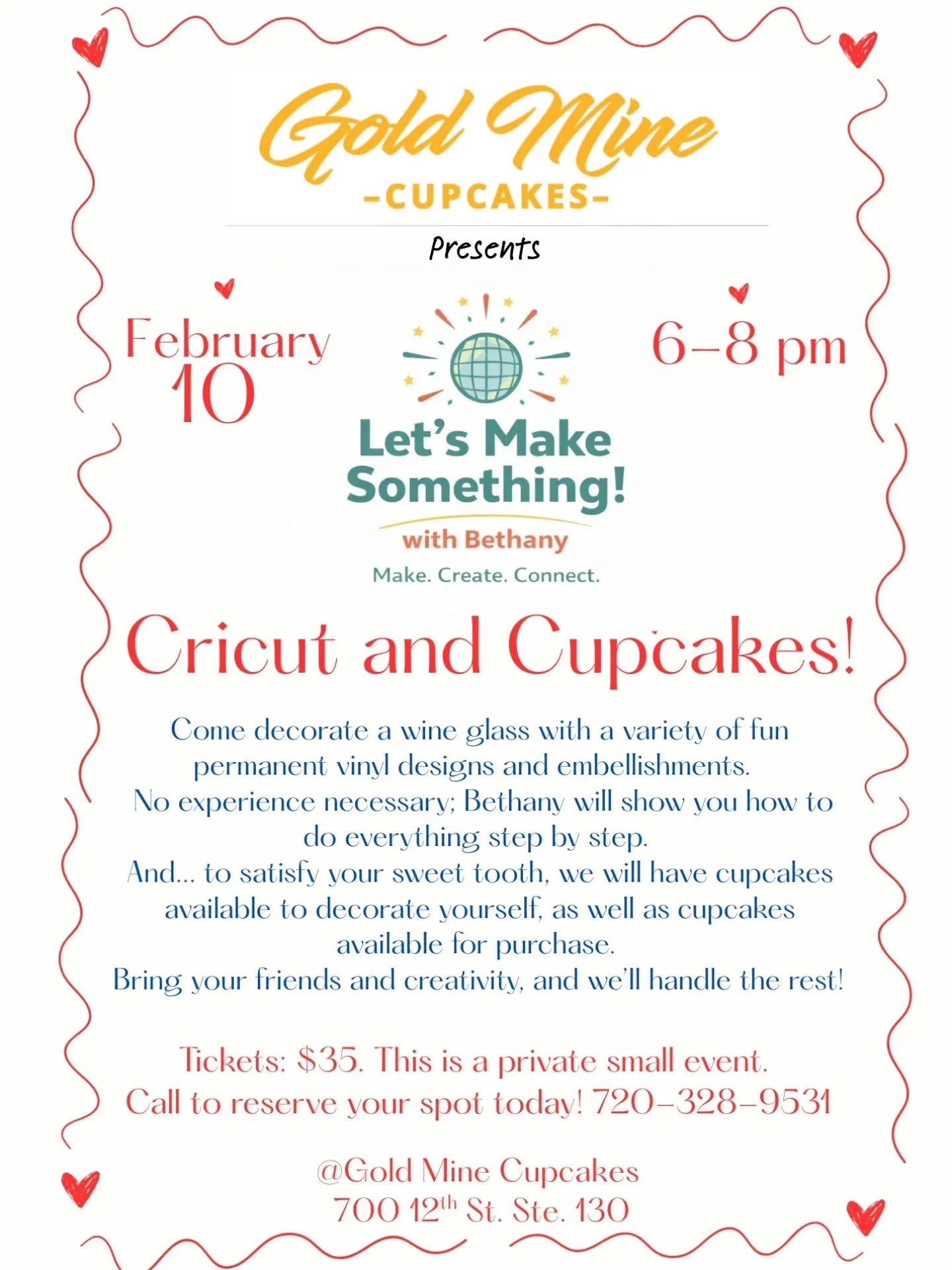Get ready to craft! Who wants to make your own wine glass and decorate a cupcake?! We're having a Cricut and Cupcakes night Tuesday Feb 10th hosted by our very own cupcake fairy/creative extraordinaire employee Bethany! Advance tickets only. Availabl