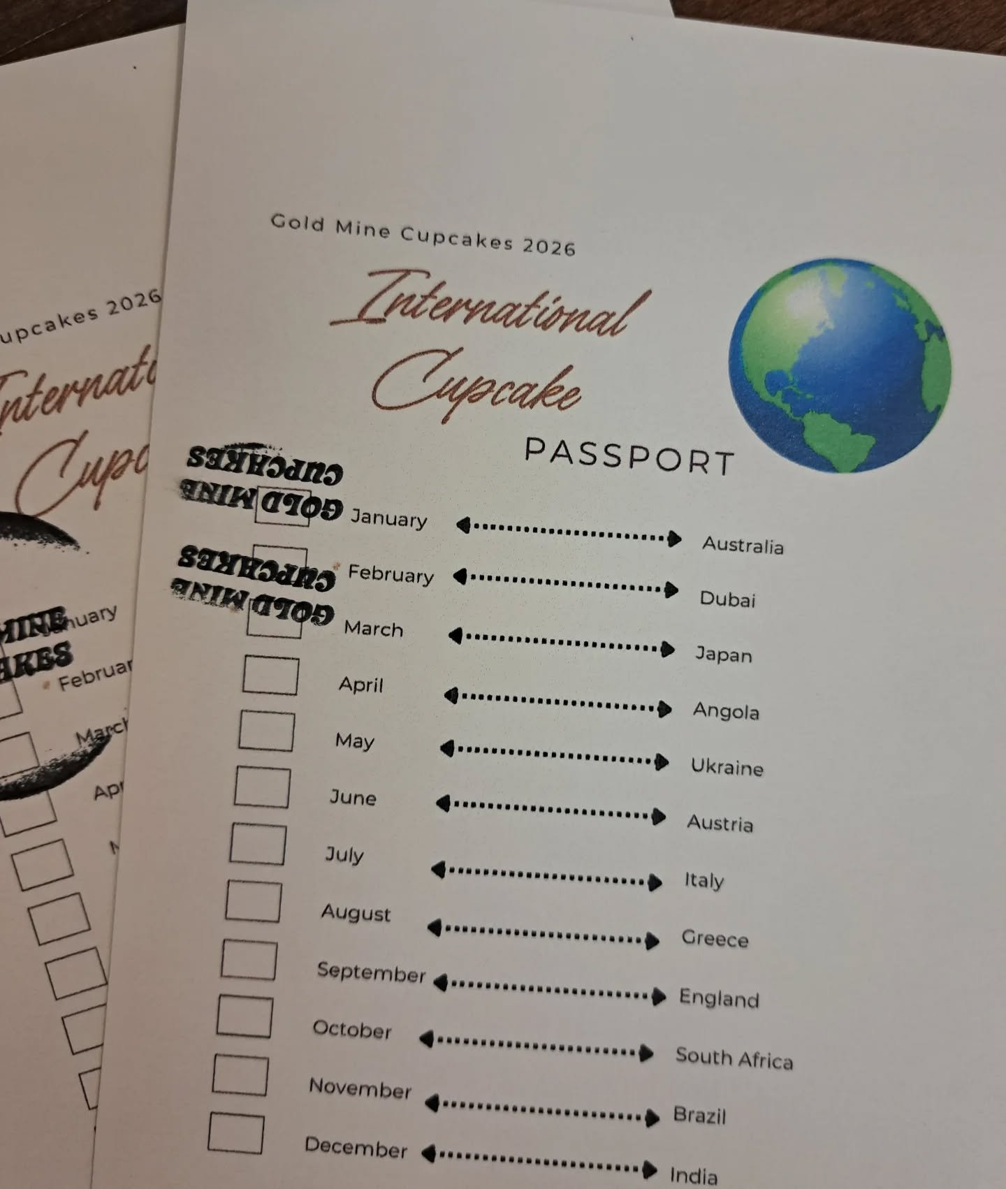Have you started your Cupcake passport yet!? Come travel along with us on a Cupcake adventure!

Here's the scoop: 
&bull;Stop by on Saturdays for a different international flavor every month. We'll keep your passport at the shop so you don't have to 