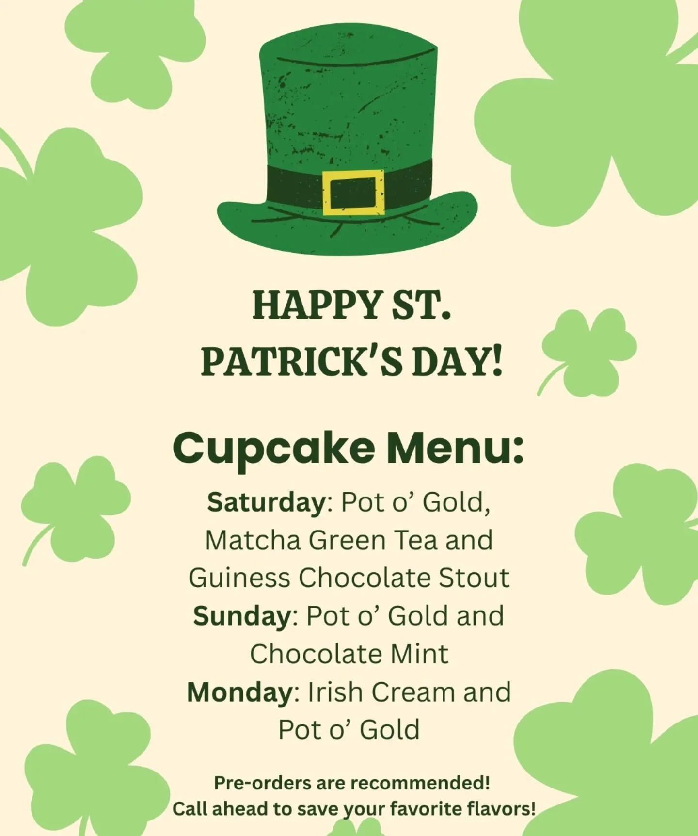 ☘️ Come celebrate St. Patricks day with us all weekend long, and into Monday! 
🍀 We will have a limited amount of these specialty flavors available so call ahead to save your favorites or for larger quantities!)