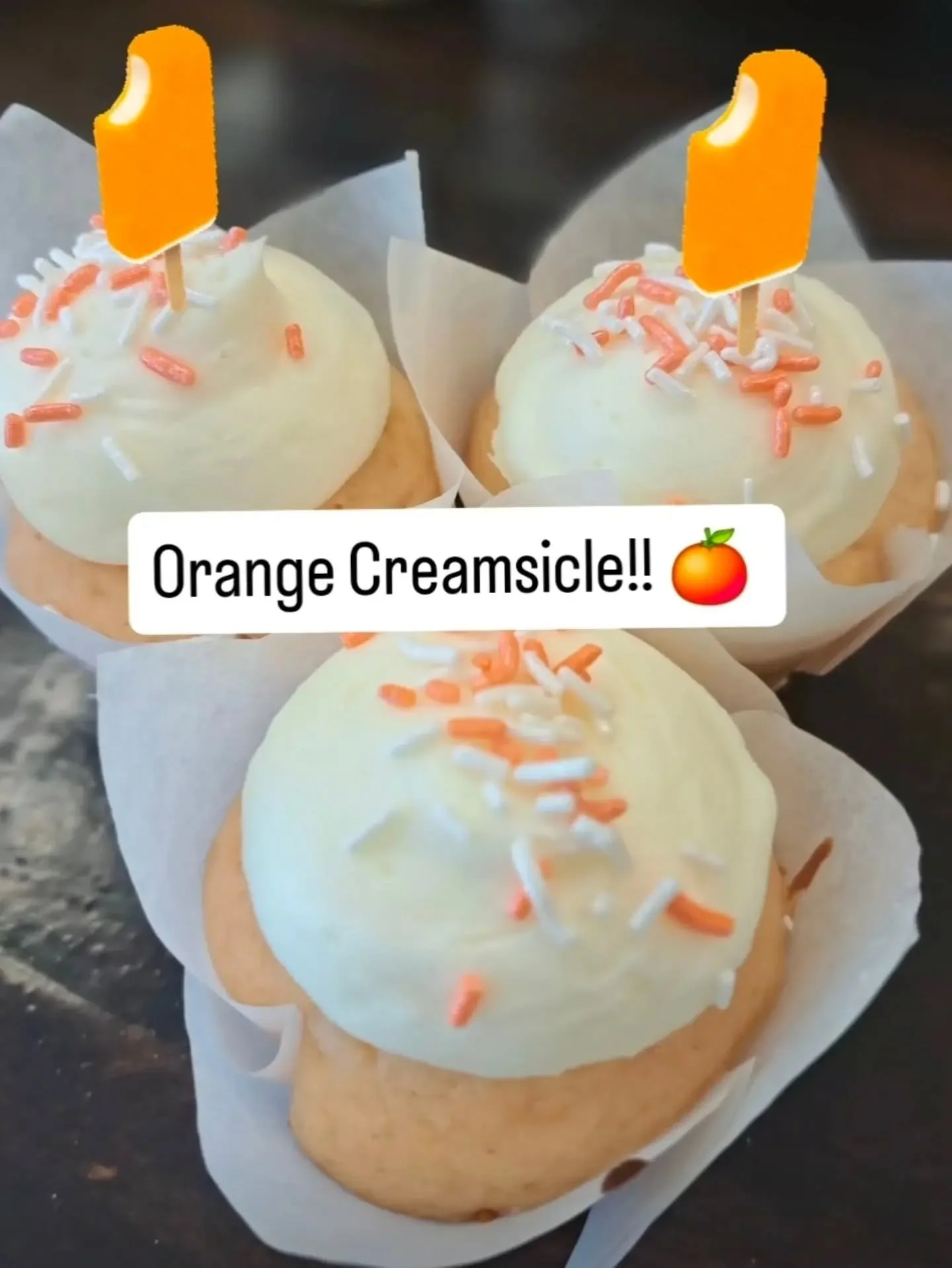 New flavor!!! Orange Creamsicle....

 🍊 A delightful orange vanilla cupcake filled with vanilla cream and topped with cream cheese!