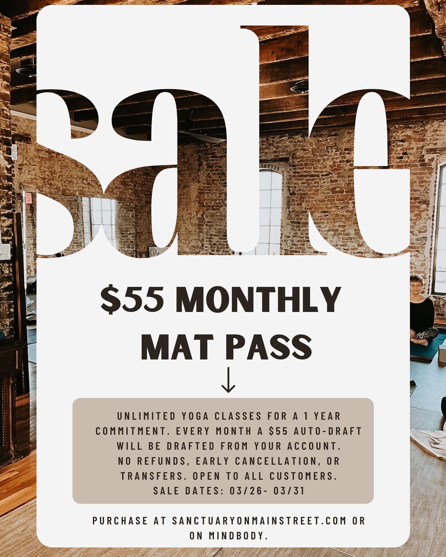 GOOD MORNING FRIENDS☀️🌿
We decided to get in the spirit of the change of seasons and do a Spring Sale🌷
We are offering a discounted monthly mat pass for an entire YEAR that will save you 💫$180 💫This sale is open to EVERYONE!
If you are current