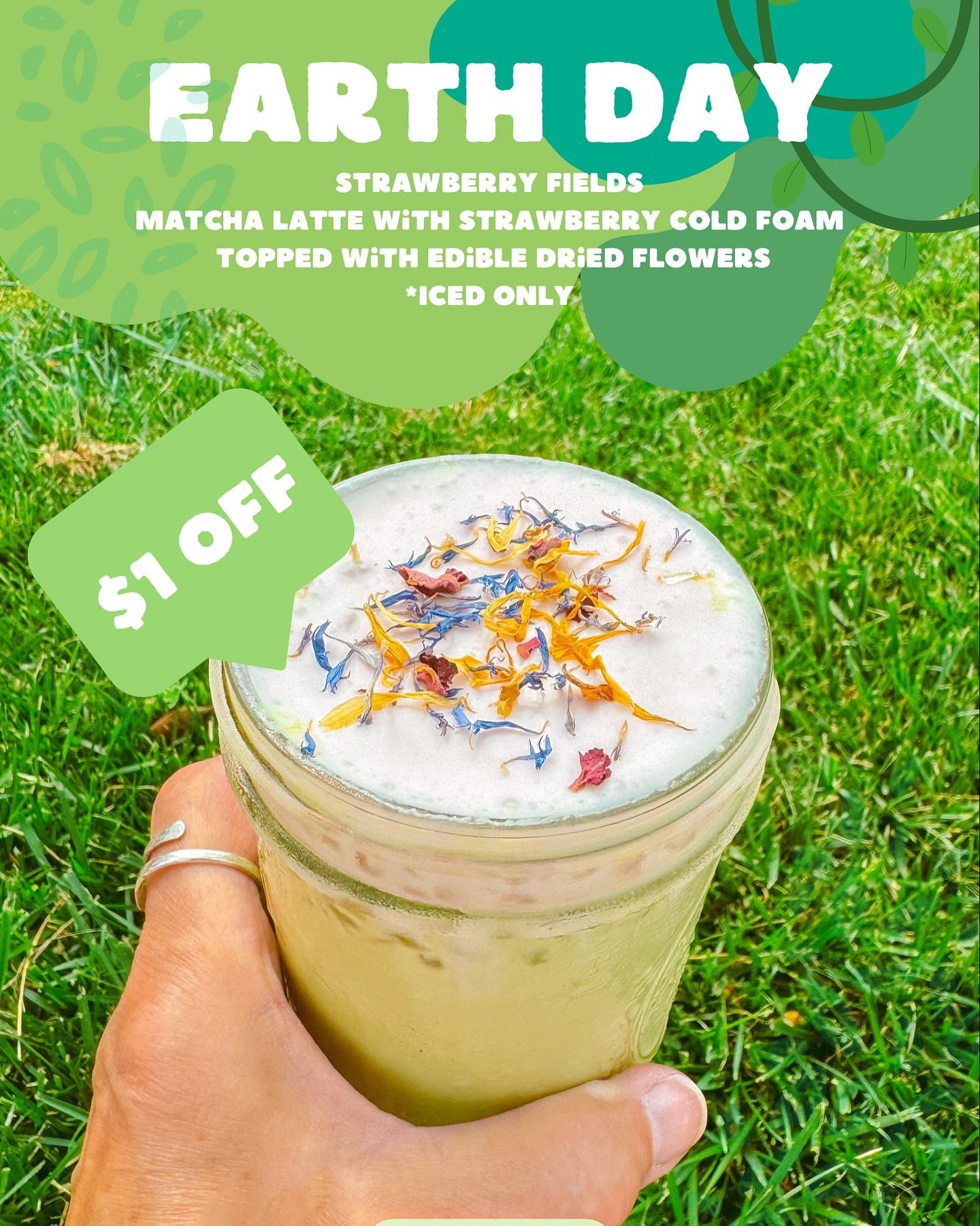 🌎 Happy Earth Day!

TODAY ONLY you can get one of our Strawberry Fields drink for a $1 off to celebrate the beautiful day!

🍓STRAWBERRY FIELDS DRINK 🍓
Matcha Latte with Strawberry Cold Foam
Topped with Edible Dried Flowers
*Iced Only

#clarksville